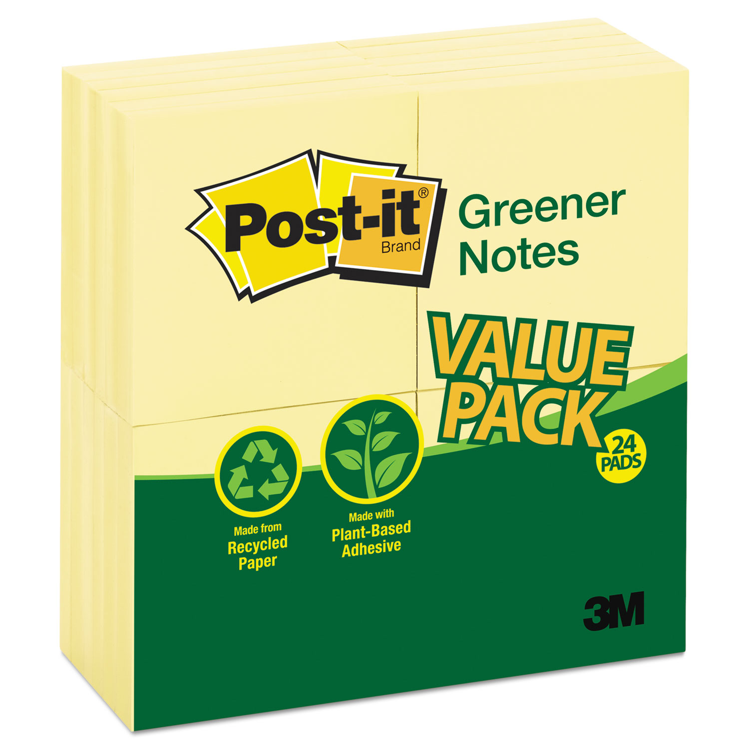  Post-it Greener Notes 654RP-24YW Recycled Note Pads, 3 x 3, Canary Yellow, 100-Sheet, 24/Pack (MMM654RP24YW) 