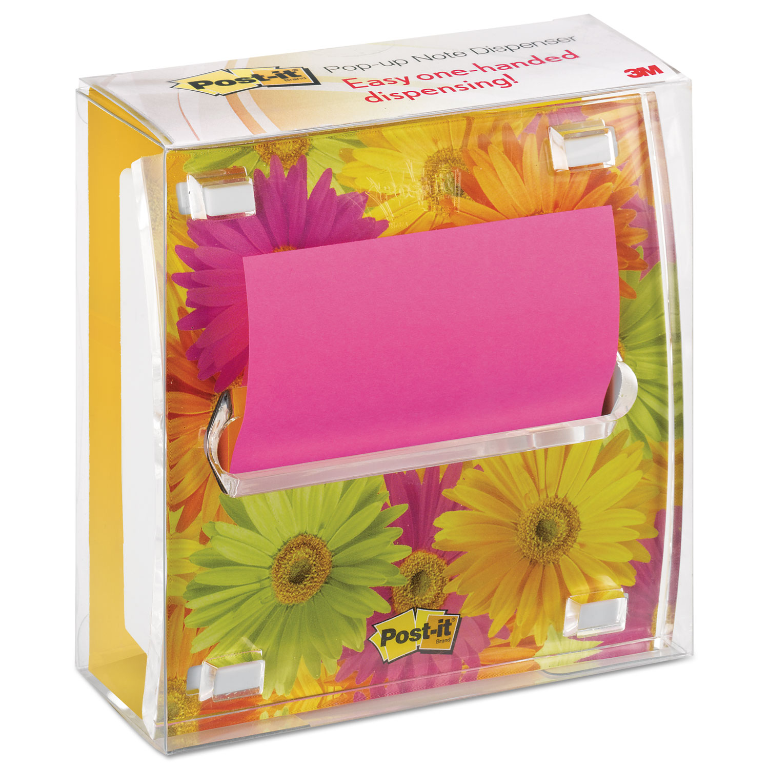 Pop-up Note Dispenser with Designer Daisy Insert, One 45-Sheet Pad, Black/Clear