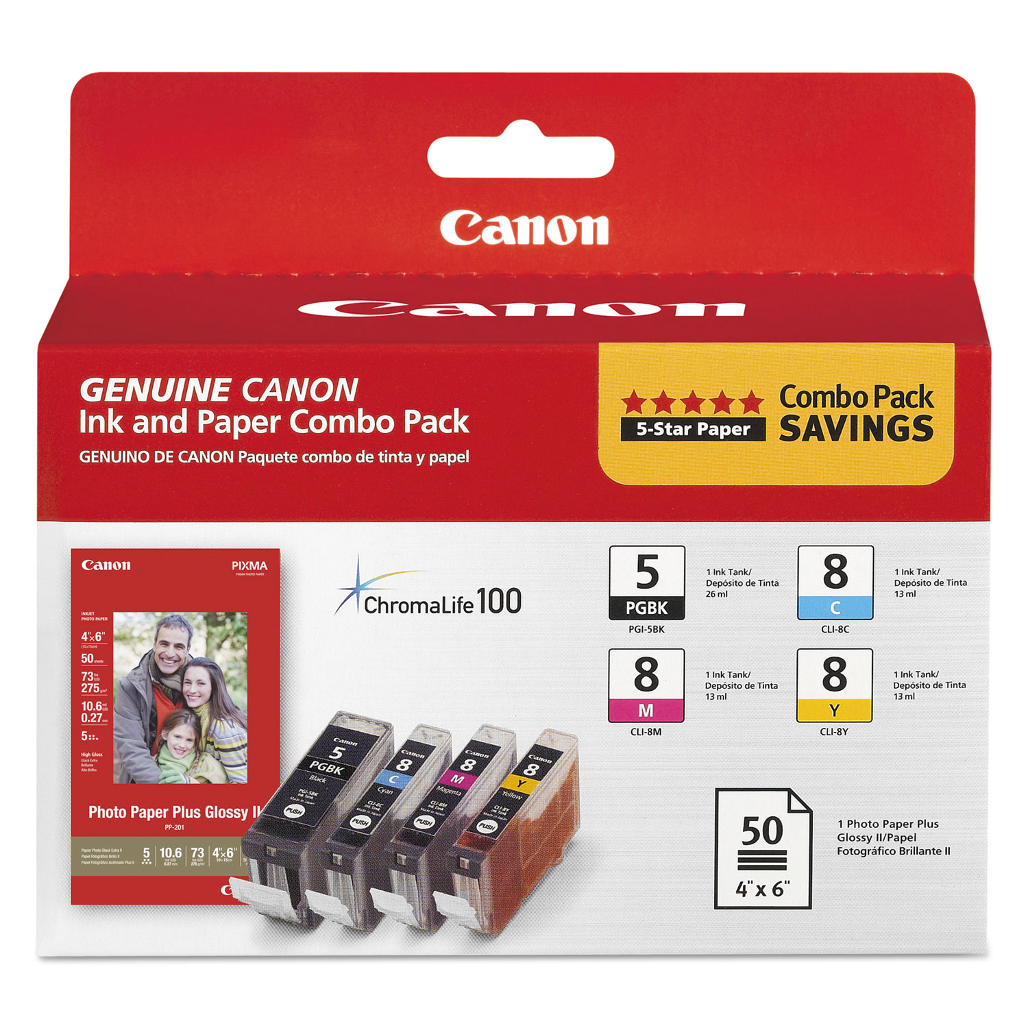  Canon 0628B027 0628B027 (PGI-5/CLI-8) ChromaLife100+ Ink/Paper Combo, Black/Cyan/Magenta/Yellow (CNM0628B027) 