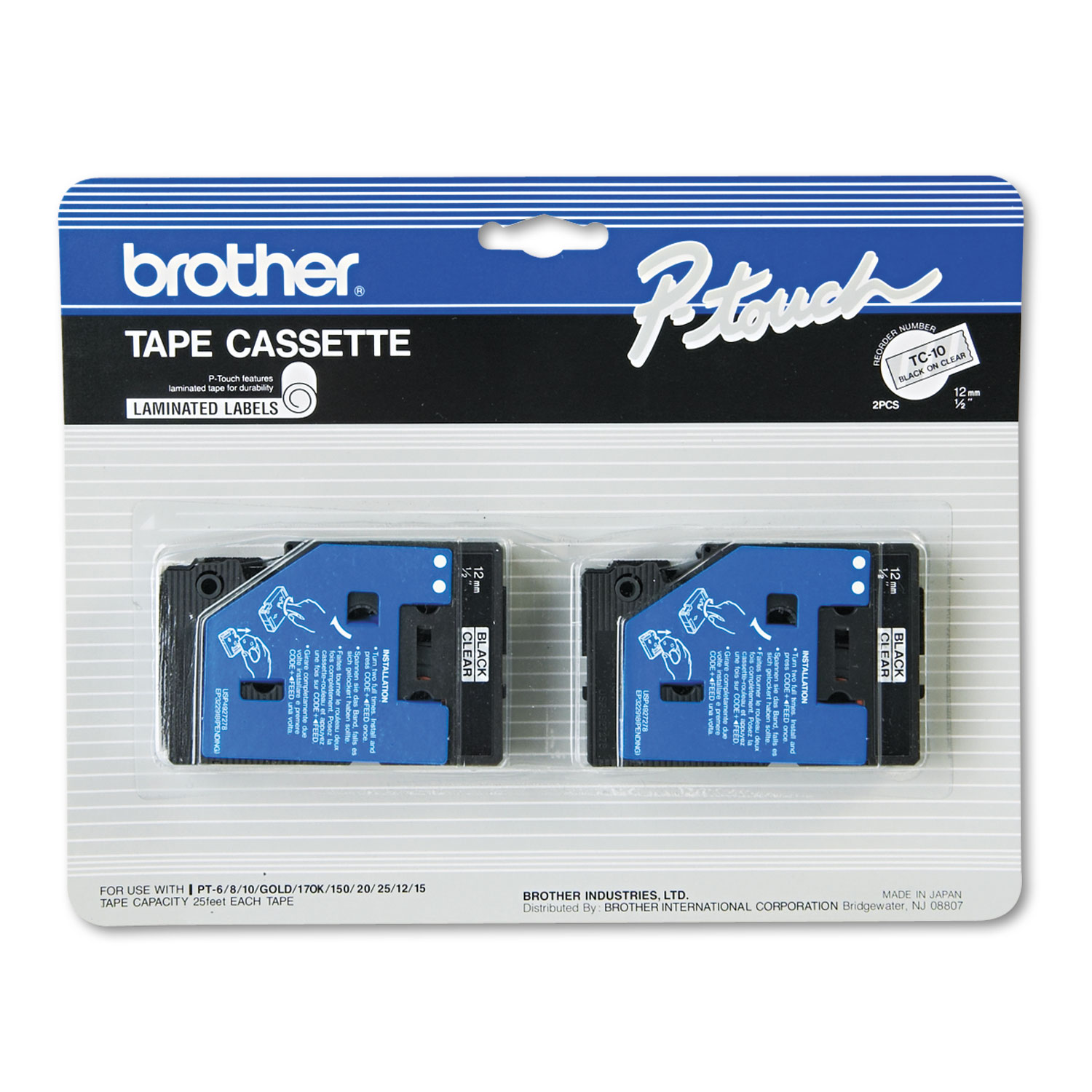  Brother P-Touch TC10 TC Tape Cartridges for P-Touch Labelers, 0.47 x 25.2 ft, Black on Clear, 2/Pack (BRTTC10) 
