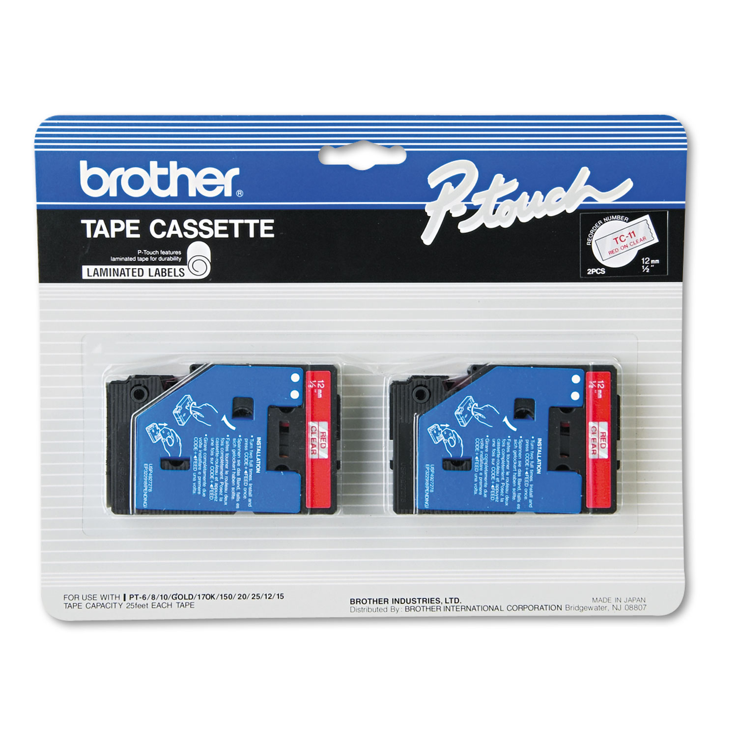  Brother P-Touch TC11 TC Tape Cartridges for P-Touch Labelers, 0.47 x 25.2 ft, Red on Clear, 2/Pack (BRTTC11) 