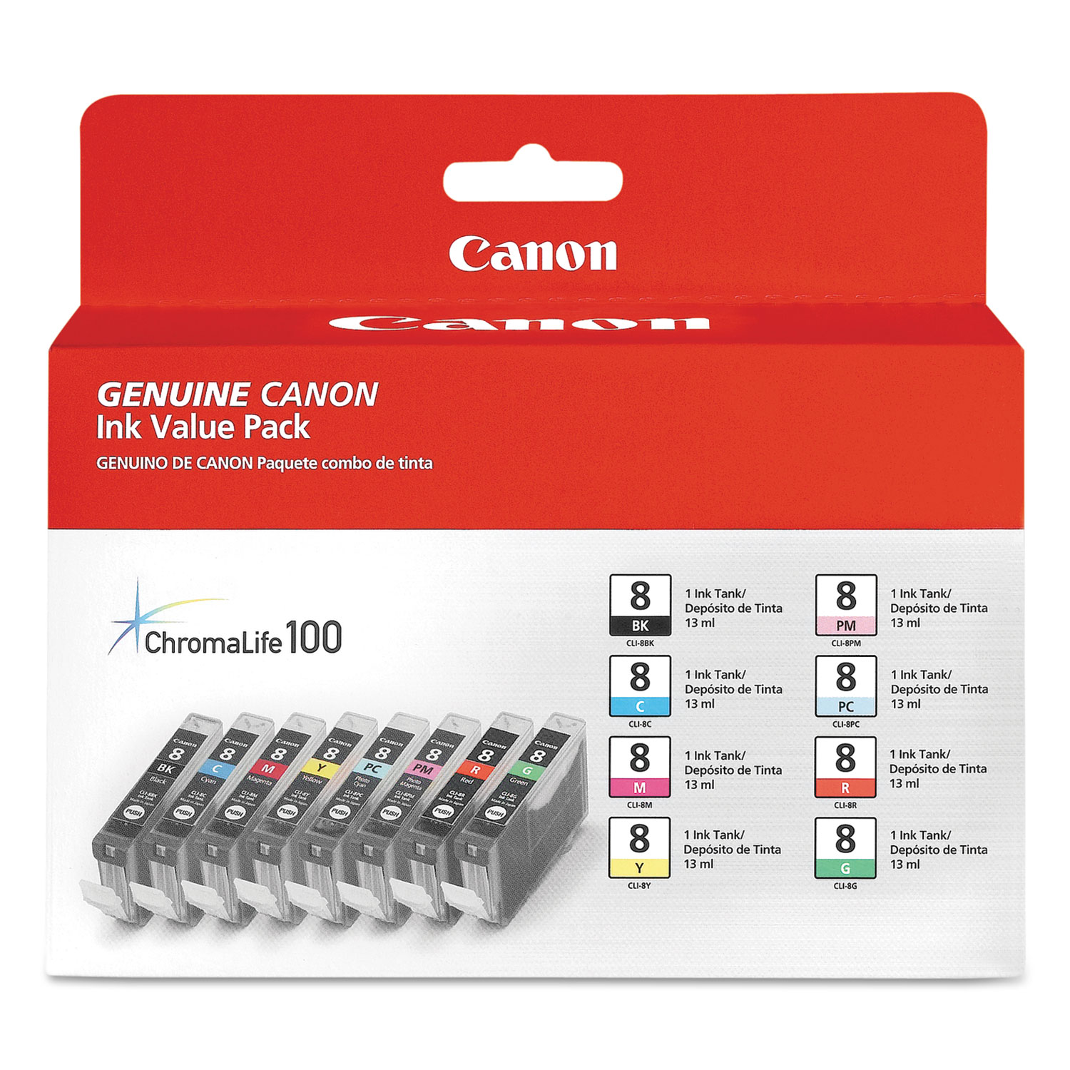  Canon 0620B015 0620B015 (CLI-8) ChromaLife100+ Ink, Assorted, 8/PK (CNM0620B015) 