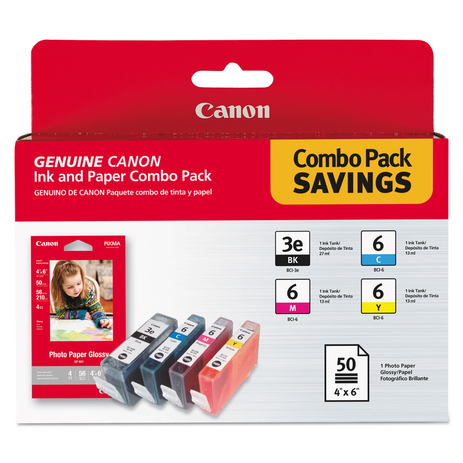 Canon® 4479A292 (BCI-3E/BCI-6) Ink and Paper Combo Pack, Black/Cyan/Magenta/Yellow