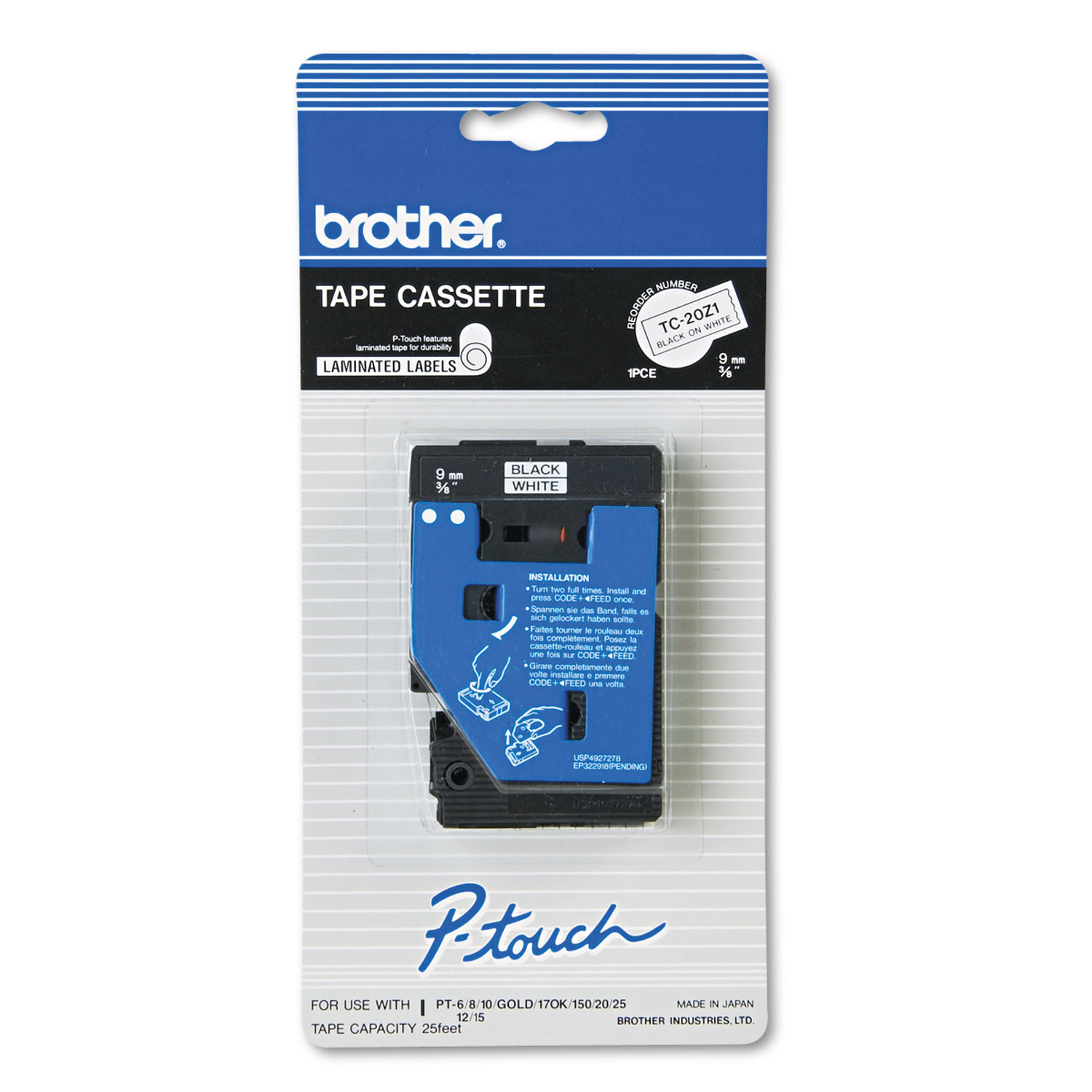  Brother P-Touch TC20Z1 TC Tape Cartridge for P-Touch Labelers, 0.37 x 25.2 ft, Black on White (BRTTC20Z1) 