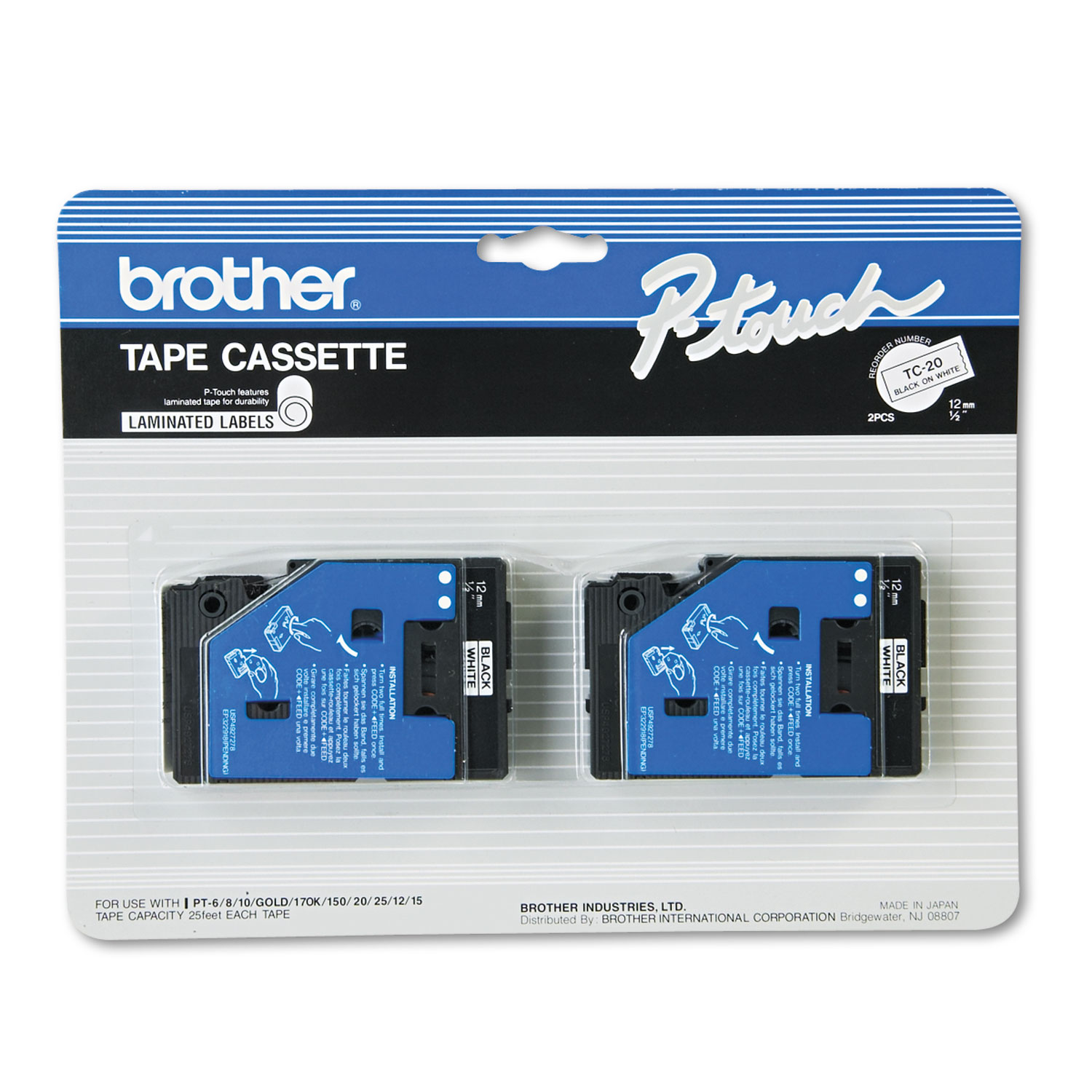  Brother P-Touch TC20 TC Tape Cartridges for P-Touch Labelers, 0.5 x 25.2 ft, Black on White, 2/Pack (BRTTC20) 
