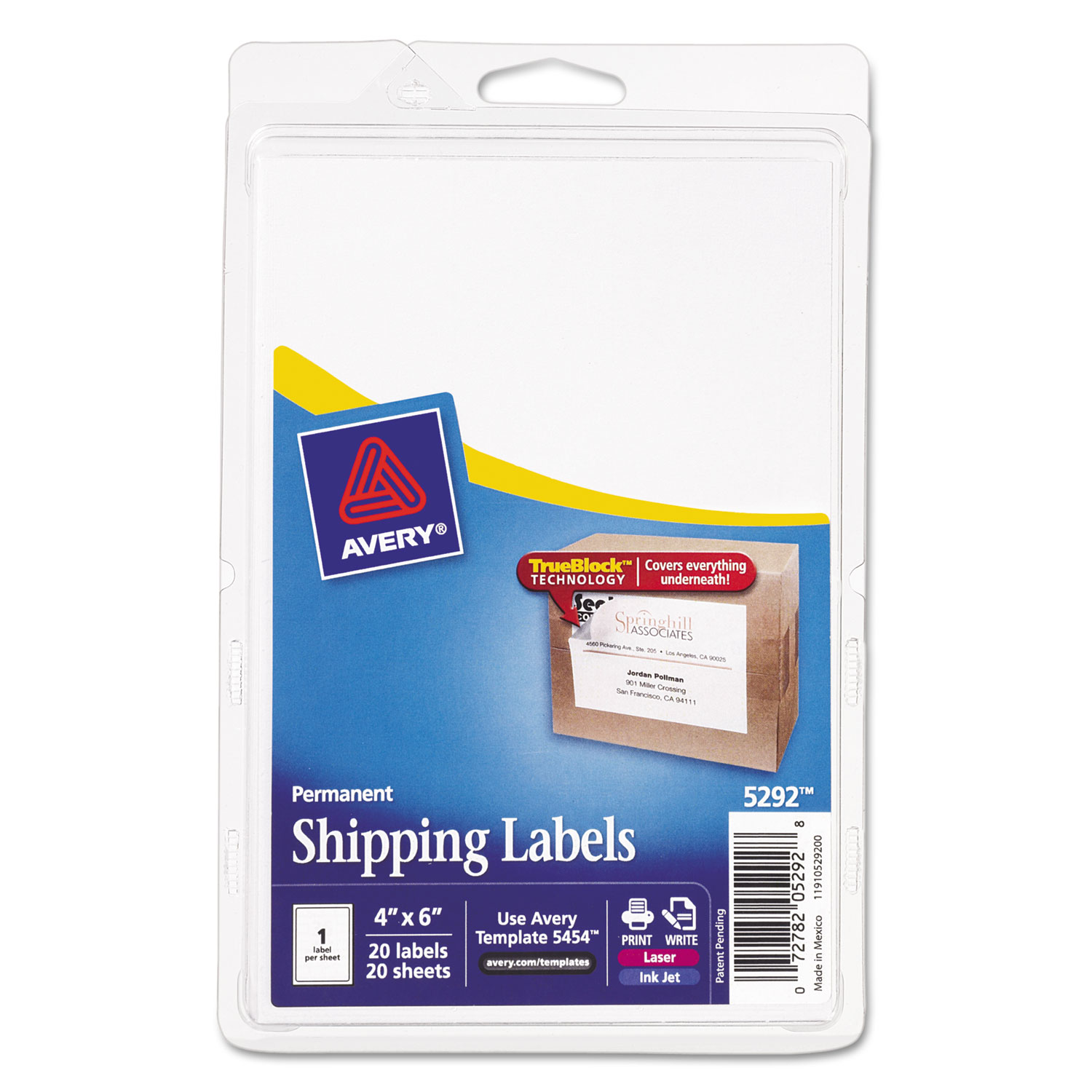  Avery 05292 Shipping Labels with TrueBlock Technology, Inkjet/Laser Printers, 4 x 6, White, 20/Pack (AVE5292) 