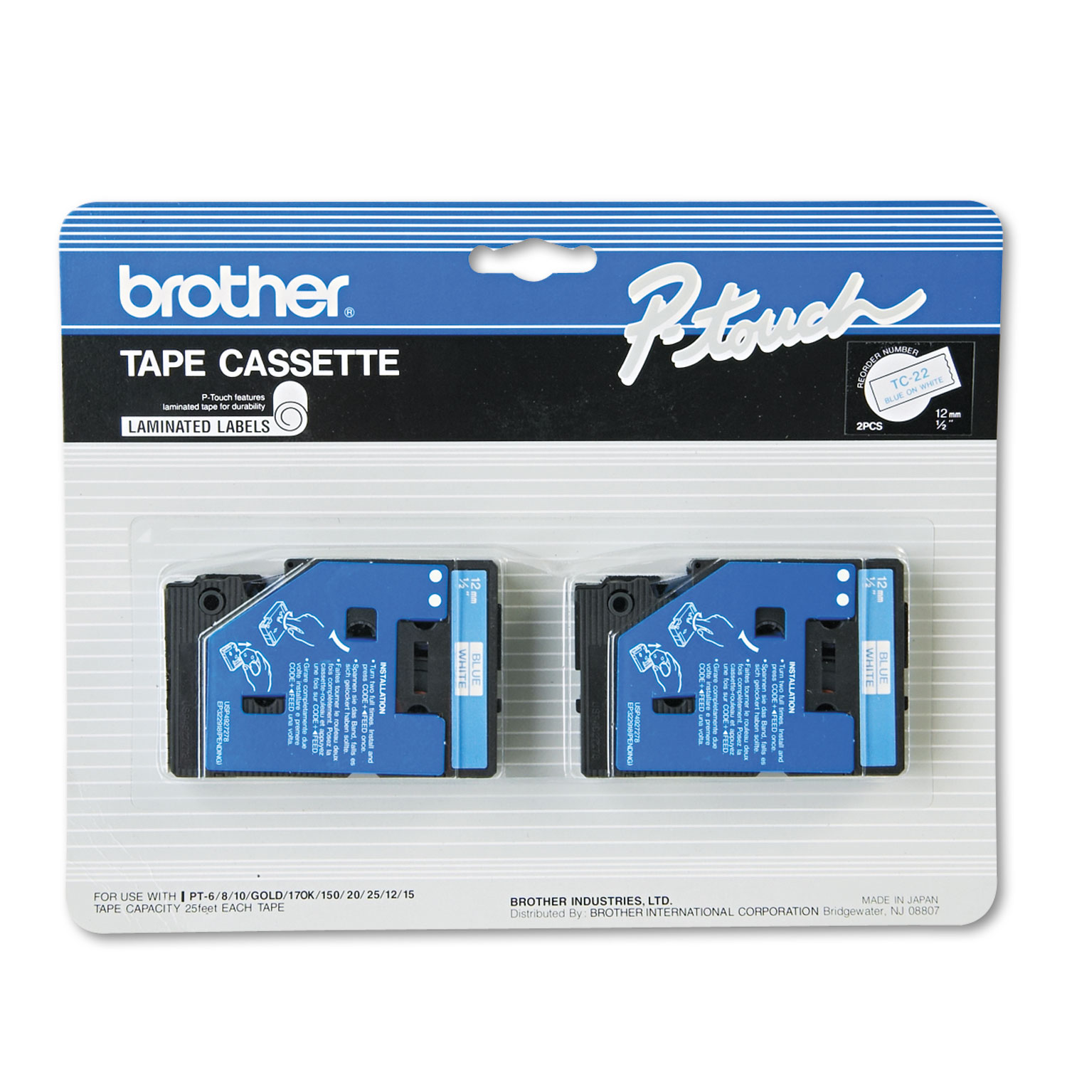  Brother P-Touch TC22 TC Tape Cartridges for P-Touch Labelers, 0.5 x 25.2 ft, Blue on White, 2/Pack (BRTTC22) 