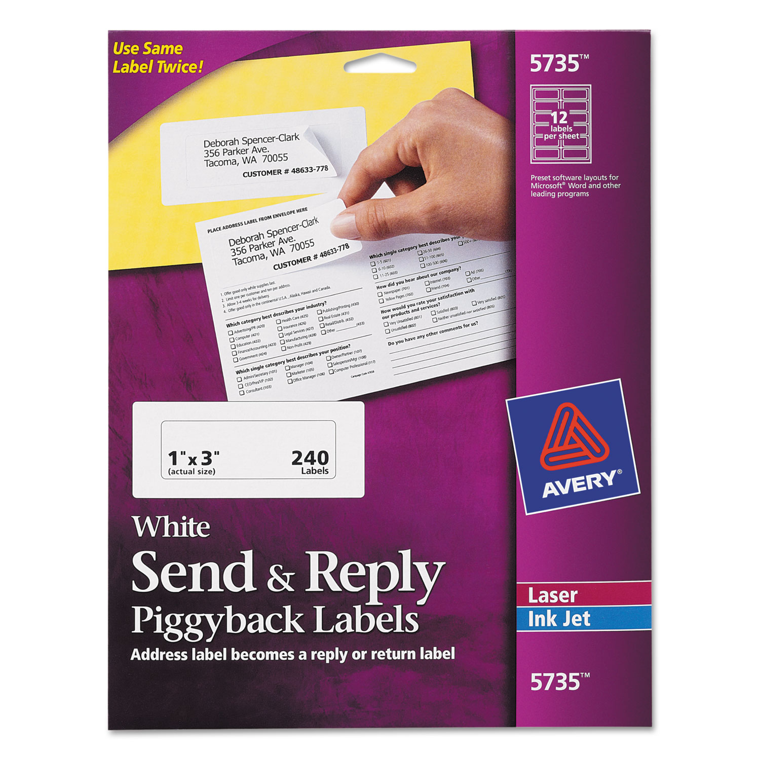  Avery 05735 Send and Reply Piggyback Labels, Inkjet/Laser Printers, 1.63 x 4, White, 12/Sheet, 20 Sheets/Pack (AVE5735) 