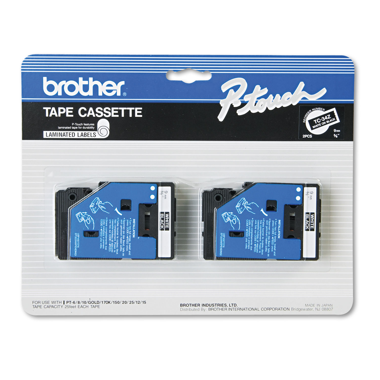  Brother P-Touch TC34Z TC Tape Cartridges for P-Touch Labelers, 0.35 x 25.2 ft, White on Black, 2/Pack (BRTTC34Z) 