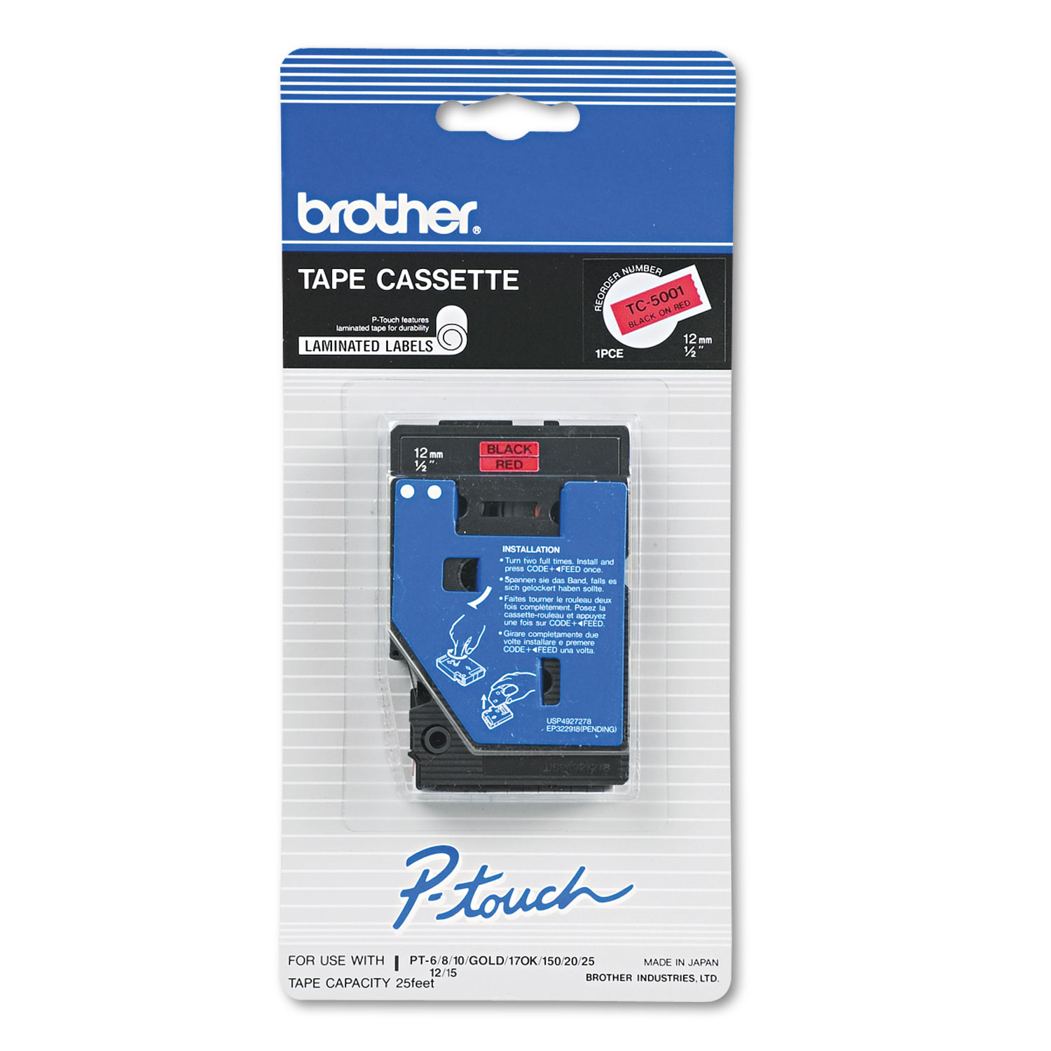  Brother P-Touch TC5001 TC Tape Cartridge for P-Touch Labelers, 0.5 x 25.2 ft, Black on Red (BRTTC5001) 