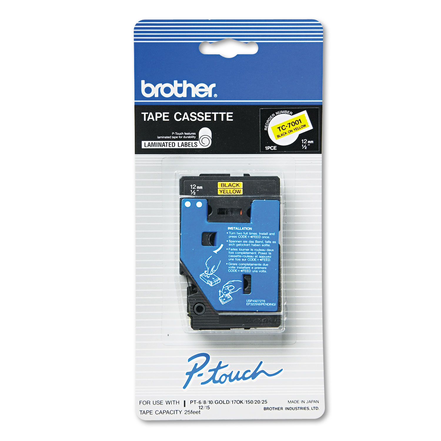  Brother P-Touch TC7001 TC Tape Cartridge for P-Touch Labelers, 0.47 x 25.2 ft, Black on Yellow (BRTTC7001) 