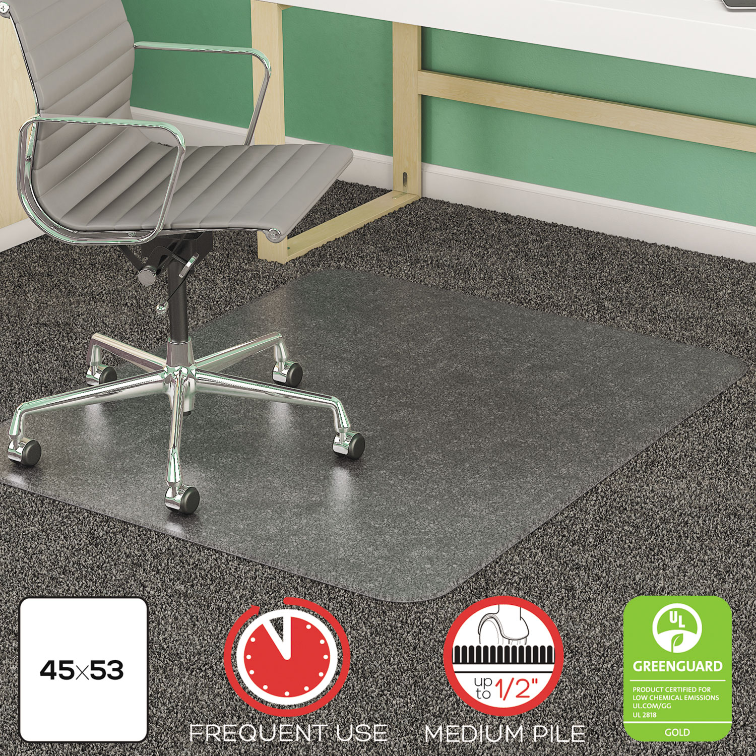  deflecto CM14243 SuperMat Frequent Use Chair Mat, Med Pile Carpet, 45 x 53, Beveled Rectangle, Clear (DEFCM14243) 