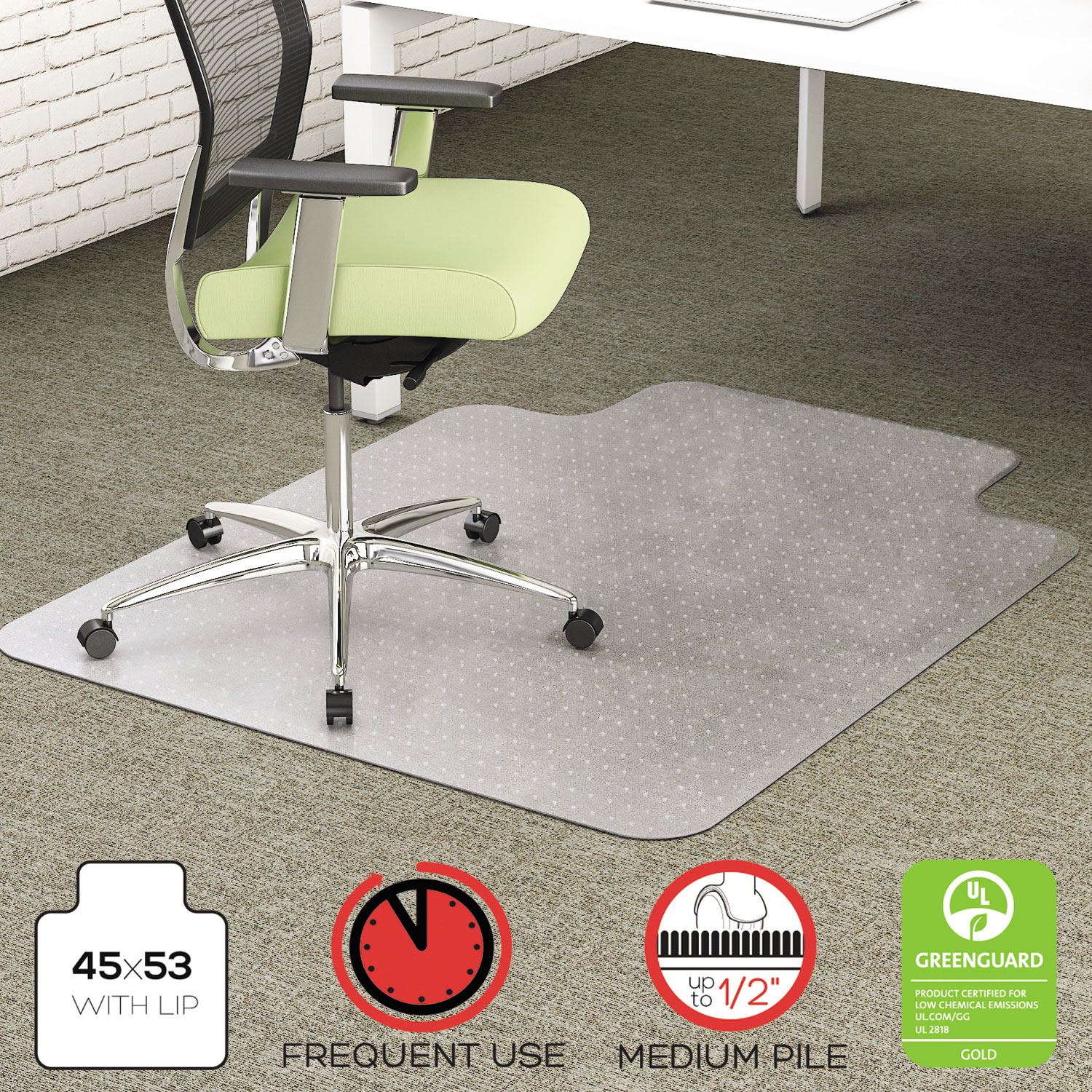  deflecto CM1K232PET EnvironMat Recycled Anytime Use Chair Mat, Med Pile Carpet, 45 x 53 with Lip, Clear (DEFCM1K232PET) 