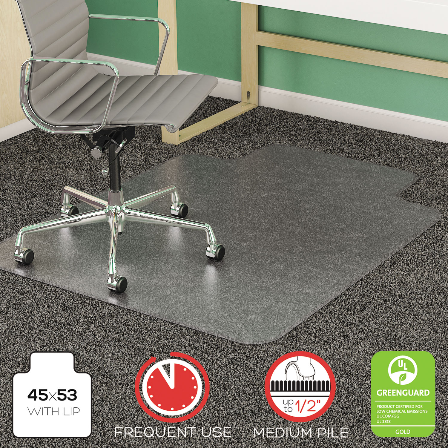  deflecto CM14233 SuperMat Frequent Use Chair Mat for Medium Pile Carpet, 45 x 53, Wide Lipped, Clear (DEFCM14233) 