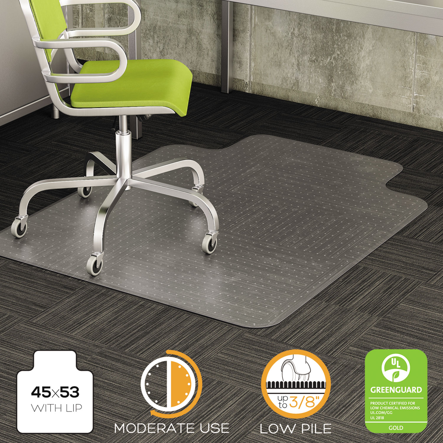 deflecto CM13233 DuraMat Moderate Use Chair Mat for Low Pile Carpet, 45 x 53, Wide Lipped, Clear (DEFCM13233) 