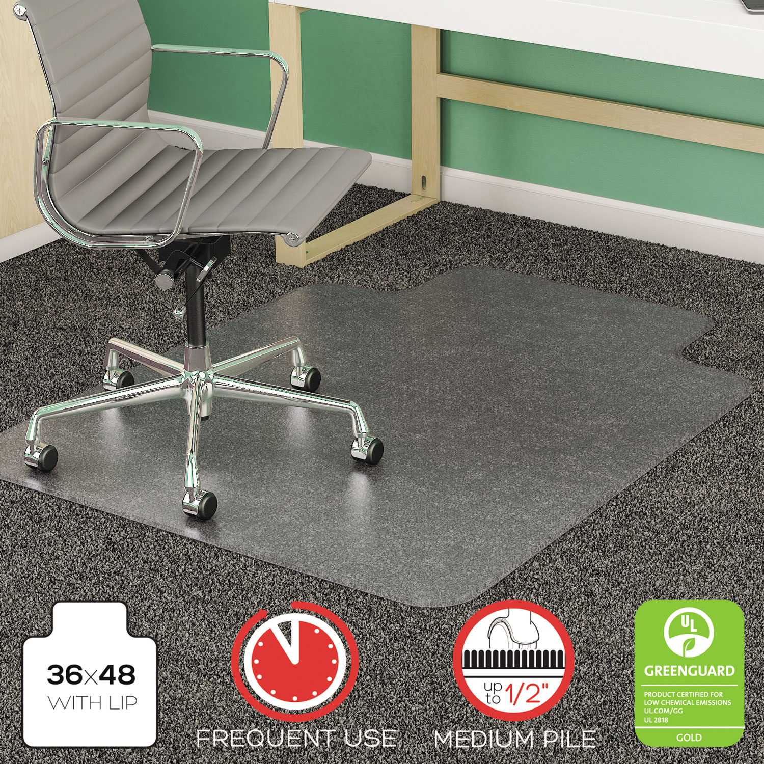  deflecto CM14113 SuperMat Frequent Use Chair Mat, Med Pile Carpet, Flat, 36 x 48, Lipped, Clear (DEFCM14113) 
