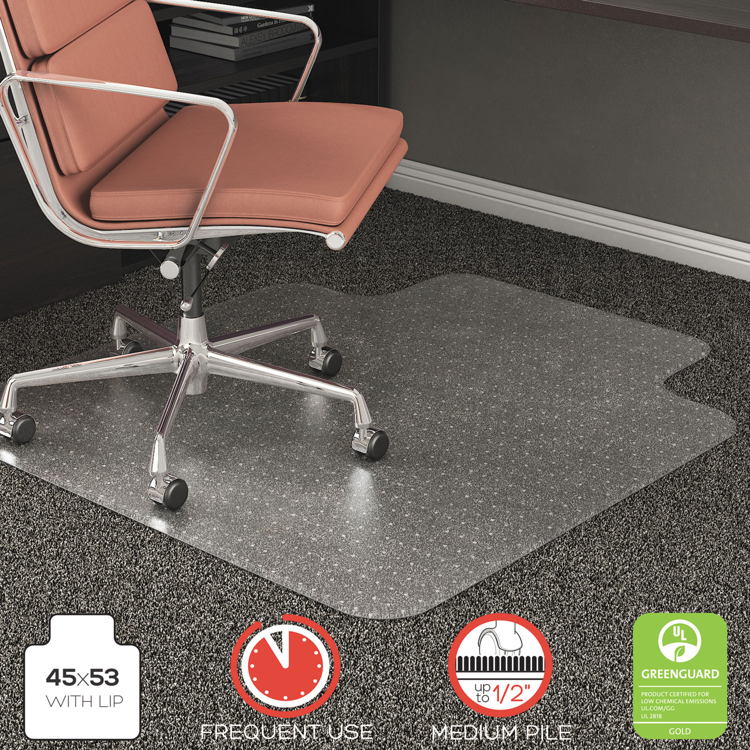  deflecto CM15233 RollaMat Frequent Use Chair Mat, Med Pile Carpet, Flat, 45 x 53, Wide Lipped, Clear (DEFCM15233) 