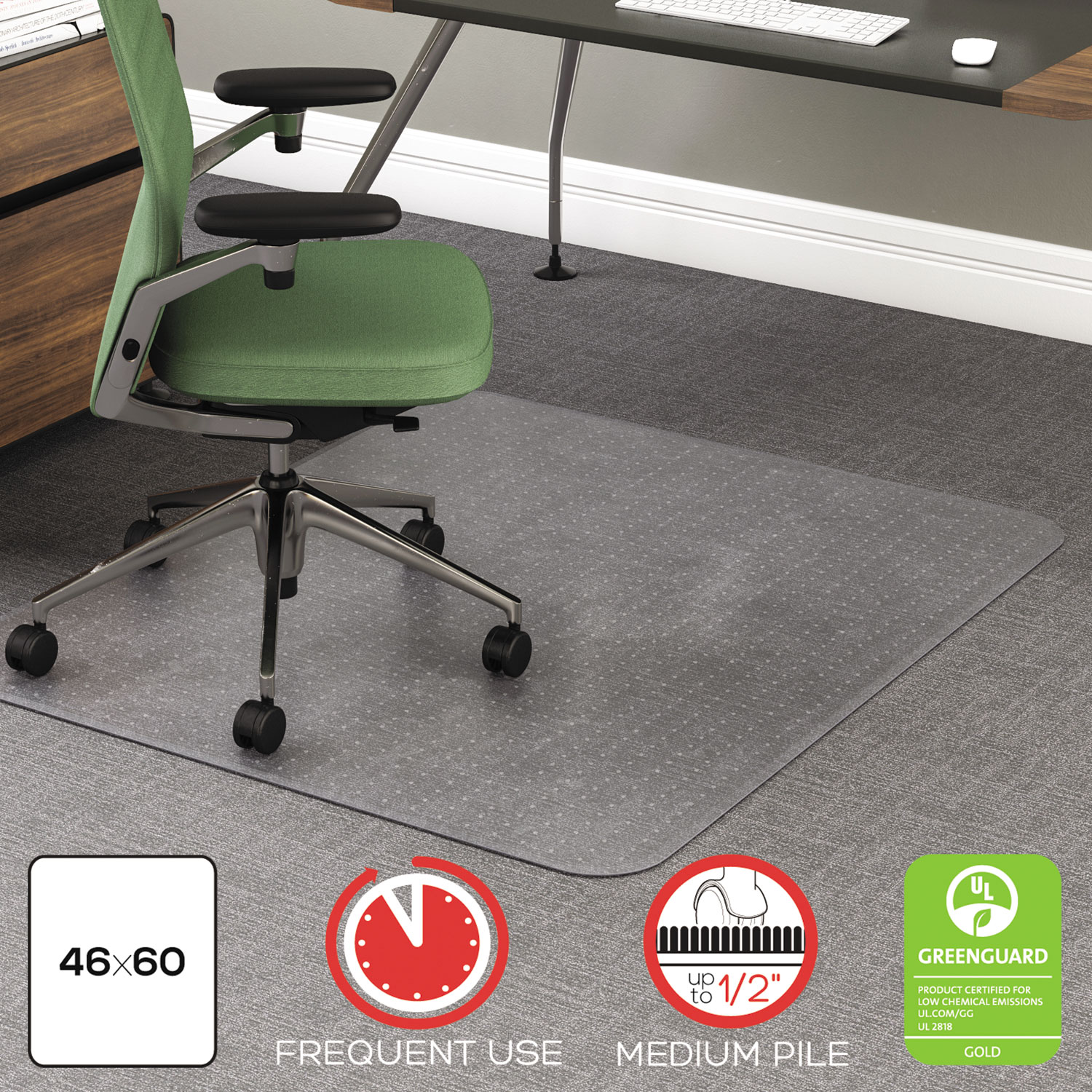  deflecto CM15443F RollaMat Frequent Use Chair Mat, Medium Pile Carpet, Flat, 46 x 60, Rectangle, Clear (DEFCM15443F) 