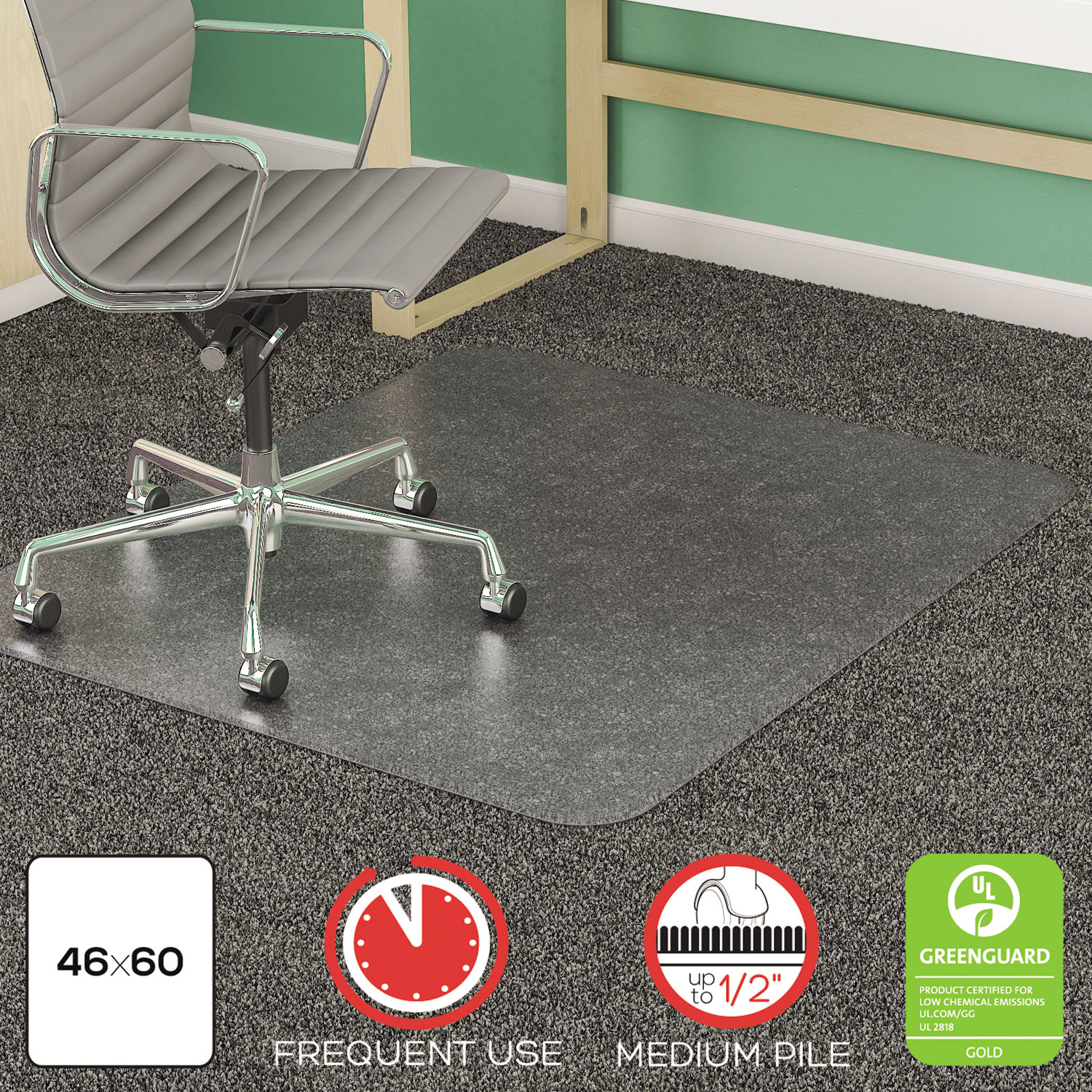  deflecto CM14443F SuperMat Frequent Use Chair Mat, Medium Pile Carpet, Flat, 46 x 60, Rectangle, Clear (DEFCM14443F) 