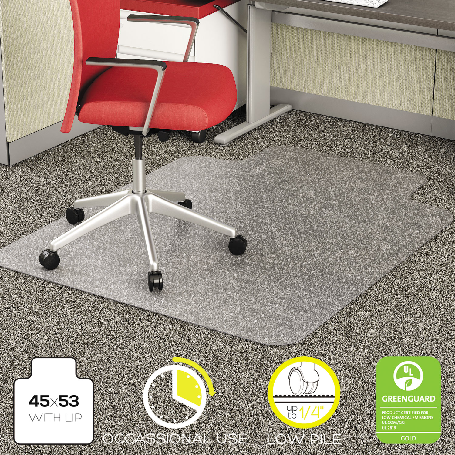  deflecto CM11232 EconoMat Occasional Use Chair Mat for Low Pile Carpet, 45 x 53, Wide Lipped, Clear (DEFCM11232) 