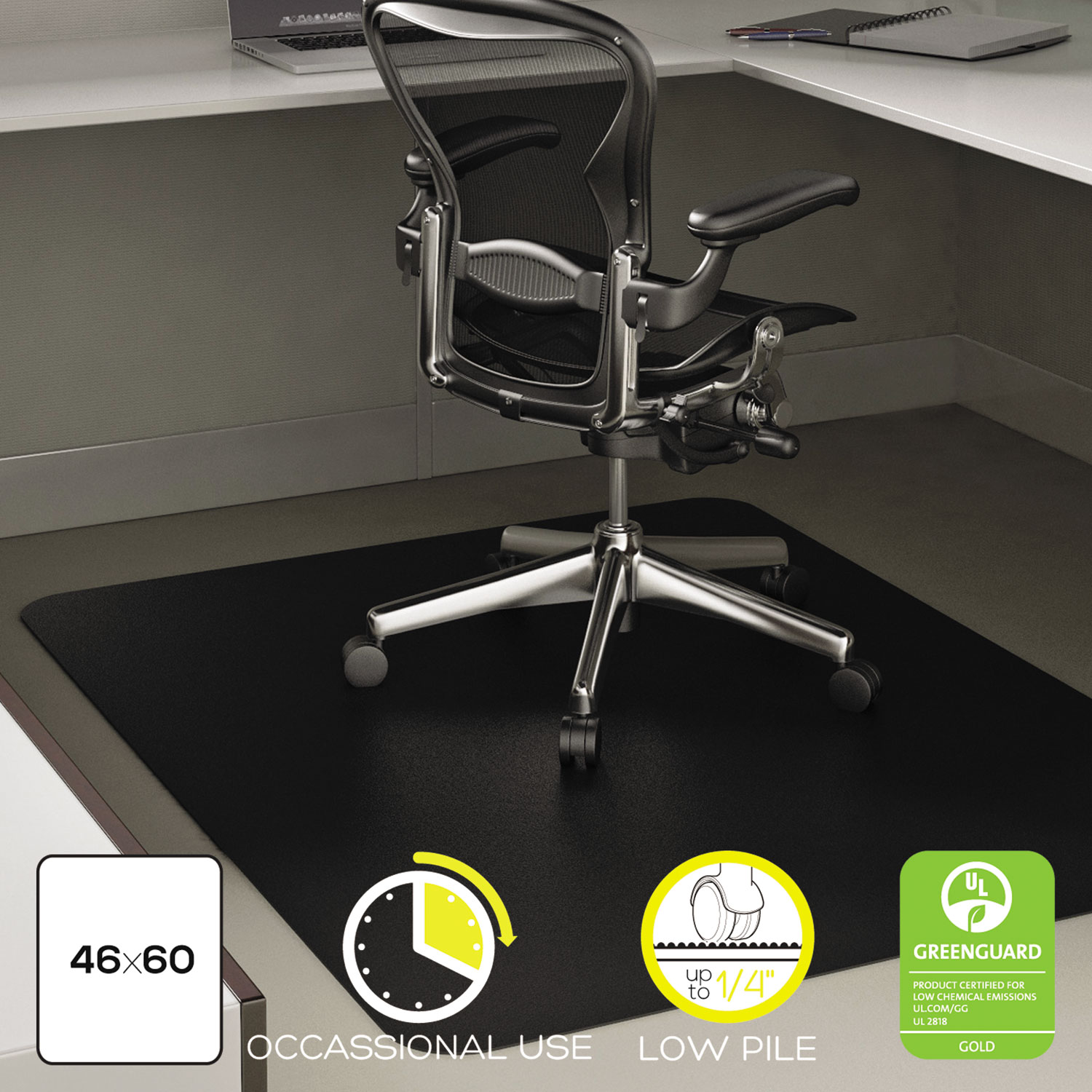  deflecto CM11442FBLK EconoMat Occasional Use Chair Mat for Low Pile Carpet, 46 x 60, Rectangular, Black (DEFCM11442FBLK) 