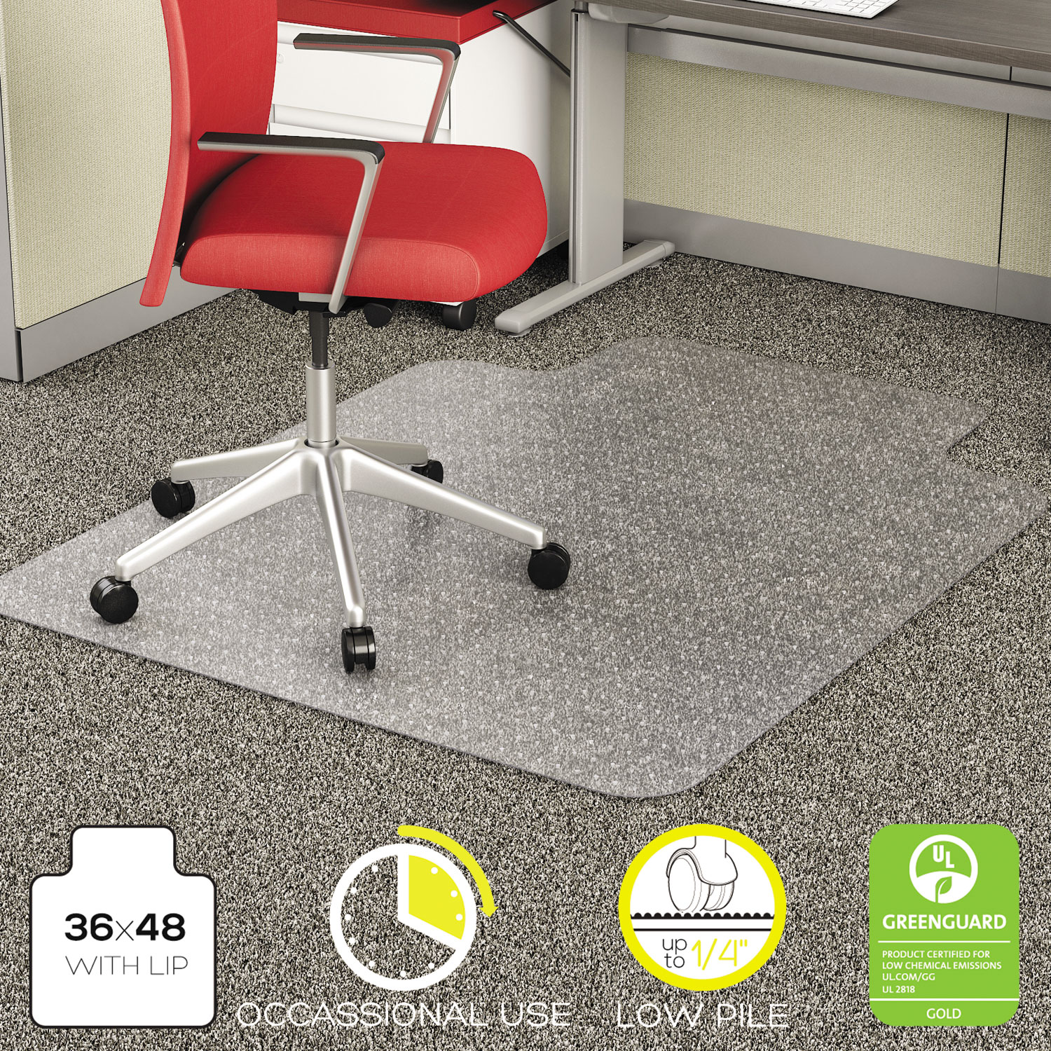  deflecto CM11112 EconoMat Occasional Use Chair Mat, Low Pile Carpet, Flat, 36 x 48, Lipped, Clear (DEFCM11112) 