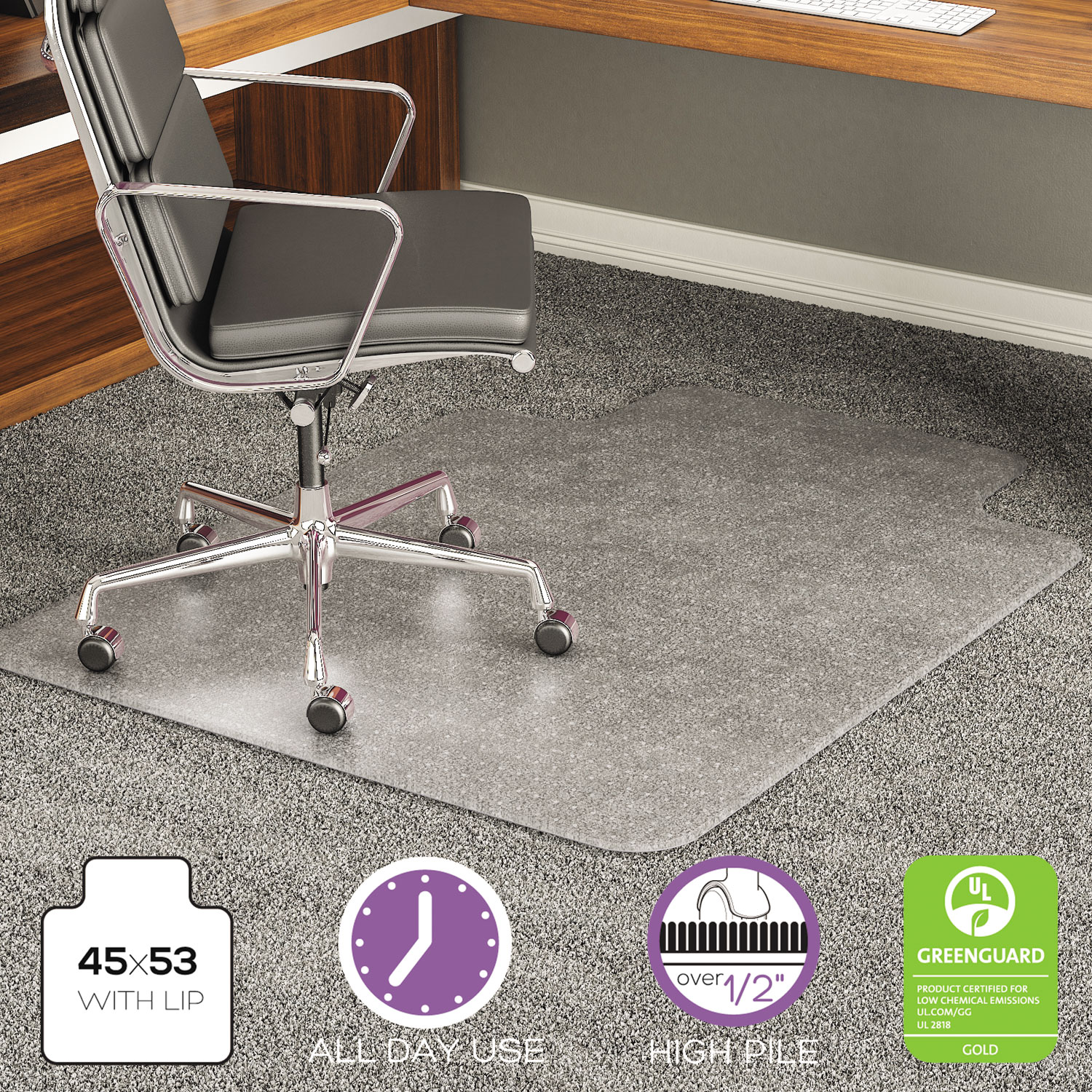  deflecto CM17233 ExecuMat All Day Use Chair Mat for High Pile Carpet, 45 x 53, Wide Lipped, Clear (DEFCM17233) 