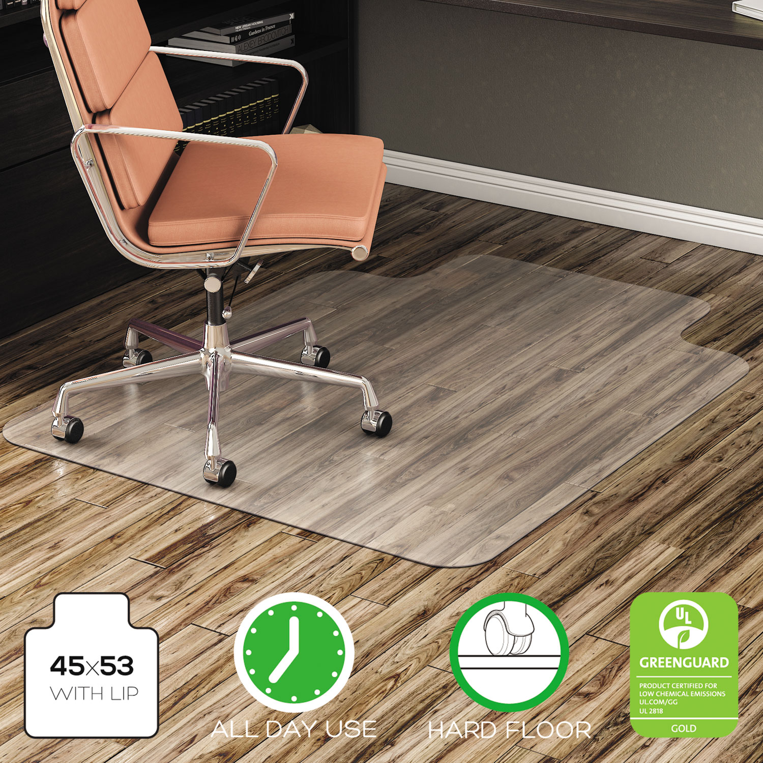  deflecto CM21232 EconoMat All Day Use Chair Mat for Hard Floors, 45 x 53, Wide Lipped, Clear (DEFCM21232) 