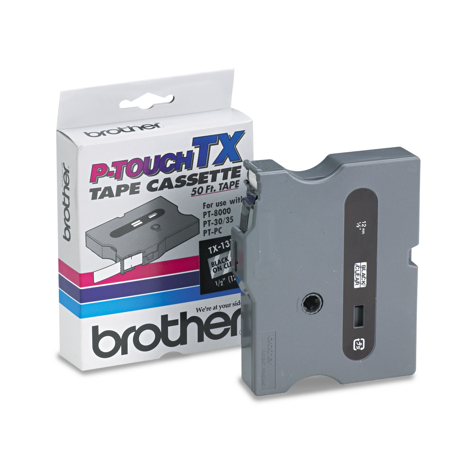  Brother P-Touch TX1311 TX Tape Cartridge for PT-8000, PT-PC, PT-30/35, 0.47 x 50 ft, Black on Clear (BRTTX1311) 