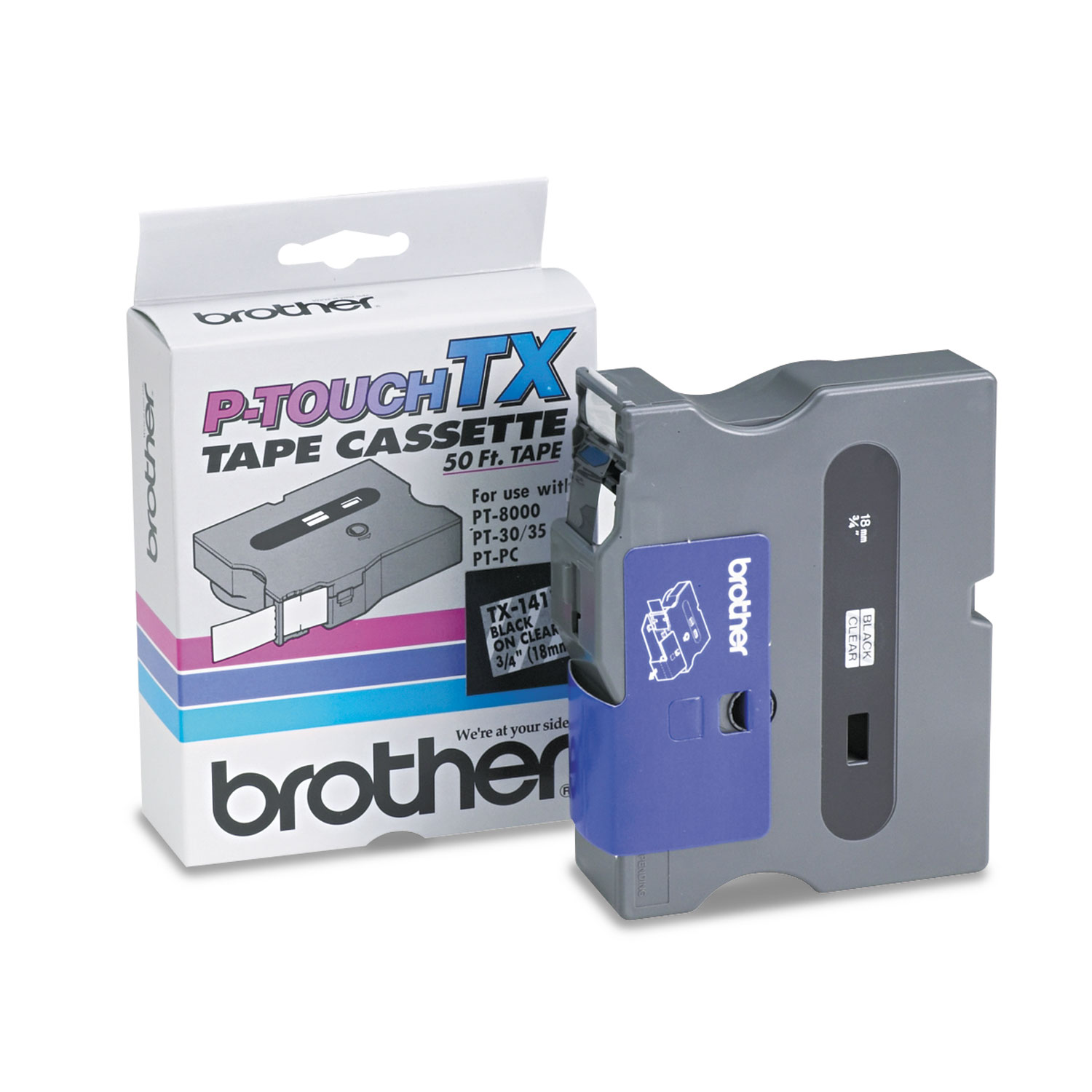  Brother P-Touch TX1411 TX Tape Cartridge for PT-8000, PT-PC, PT-30/35, 0.7 x 50 ft, Black on Clear (BRTTX1411) 
