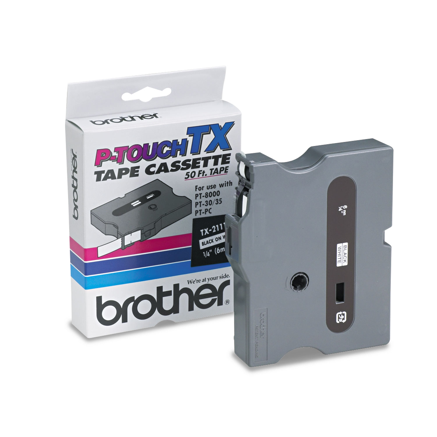  Brother P-Touch TX2111 TX Tape Cartridge for PT-8000, PT-PC, PT-30/35, 0.23 x 50 ft, Black on White (BRTTX2111) 