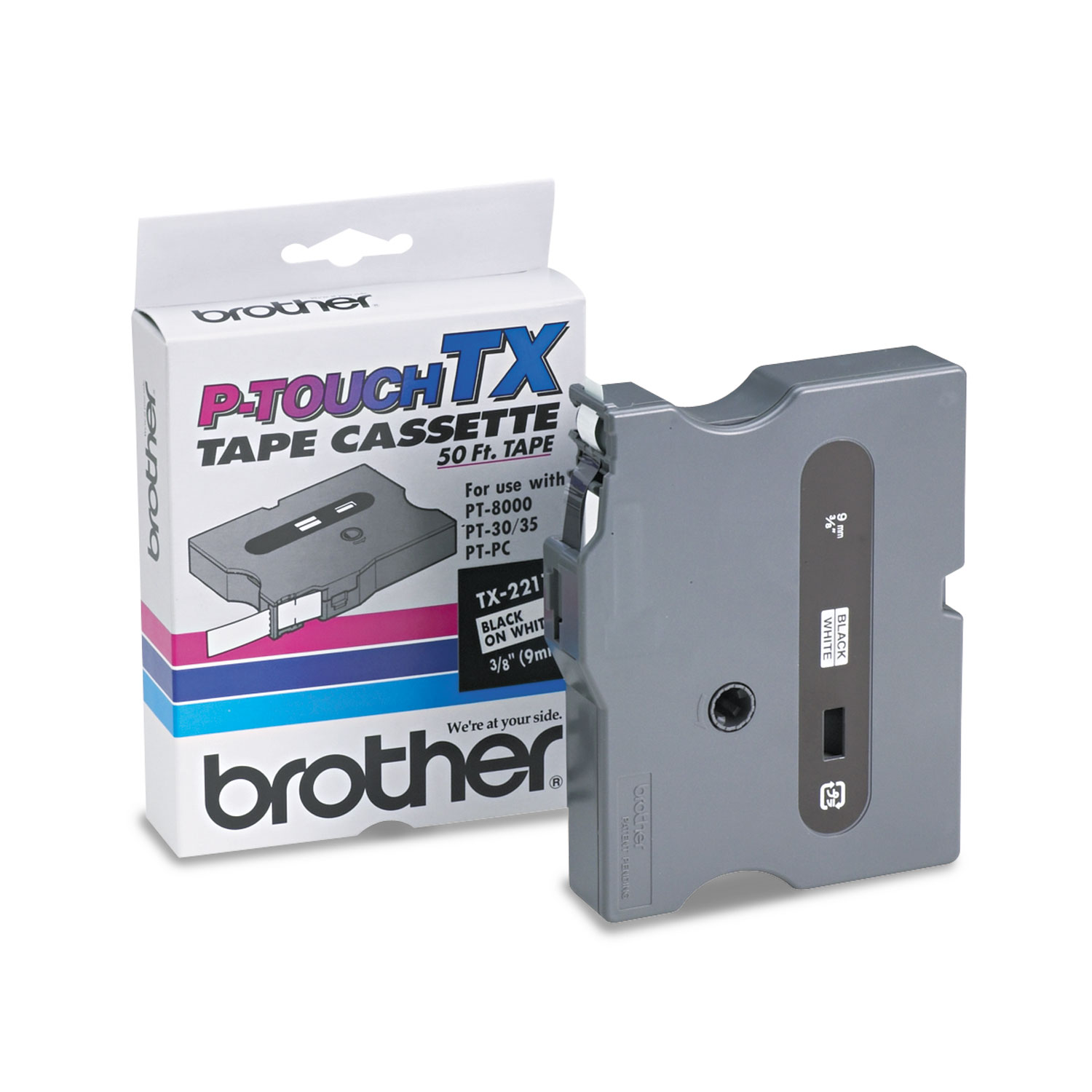  Brother P-Touch TX2211 TX Tape Cartridge for PT-8000, PT-PC, PT-30/35, 0.35 x 50 ft, Black on White (BRTTX2211) 