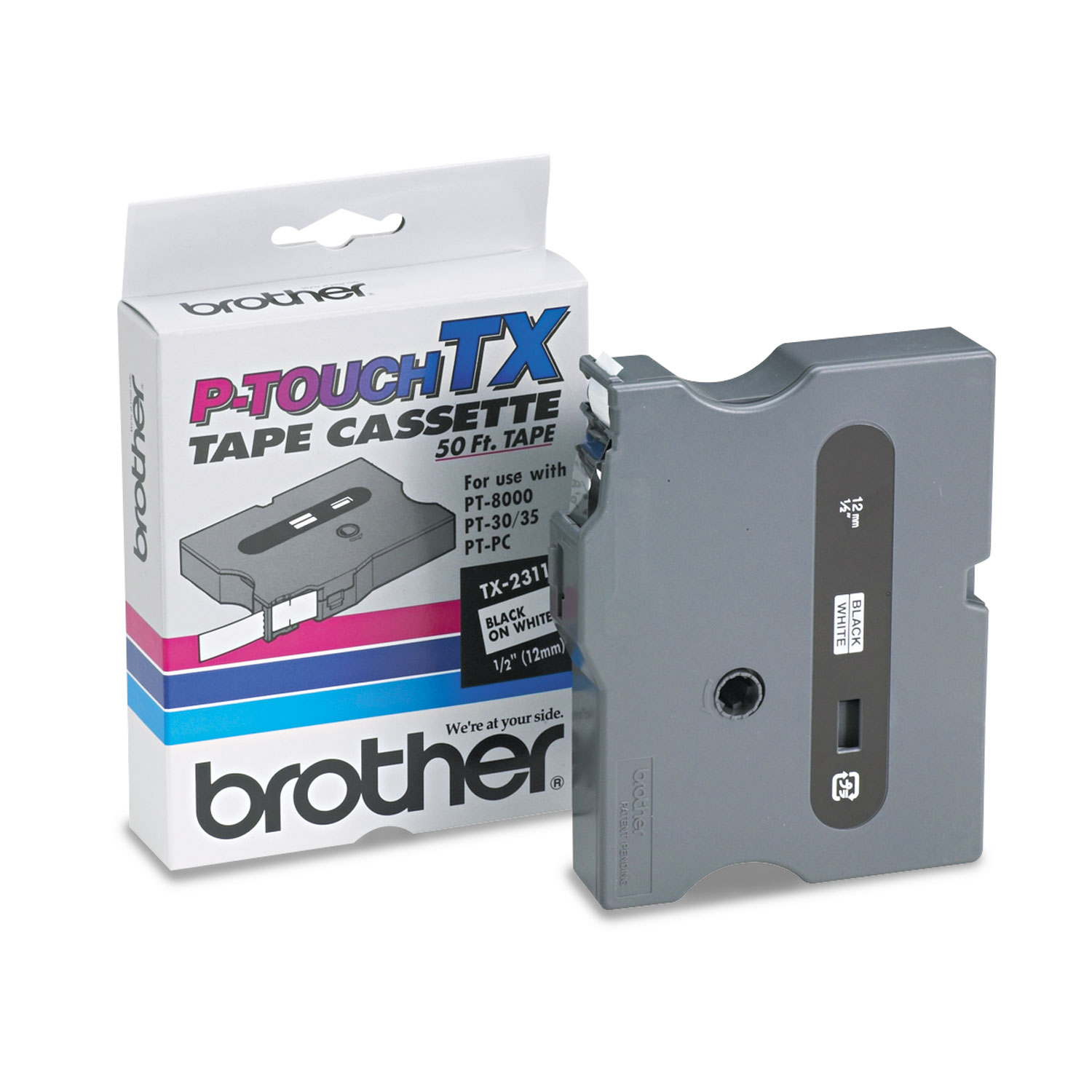  Brother P-Touch TX2311 TX Tape Cartridge for PT-8000, PT-PC, PT-30/35, 0.47 x 50 ft, Black on White (BRTTX2311) 