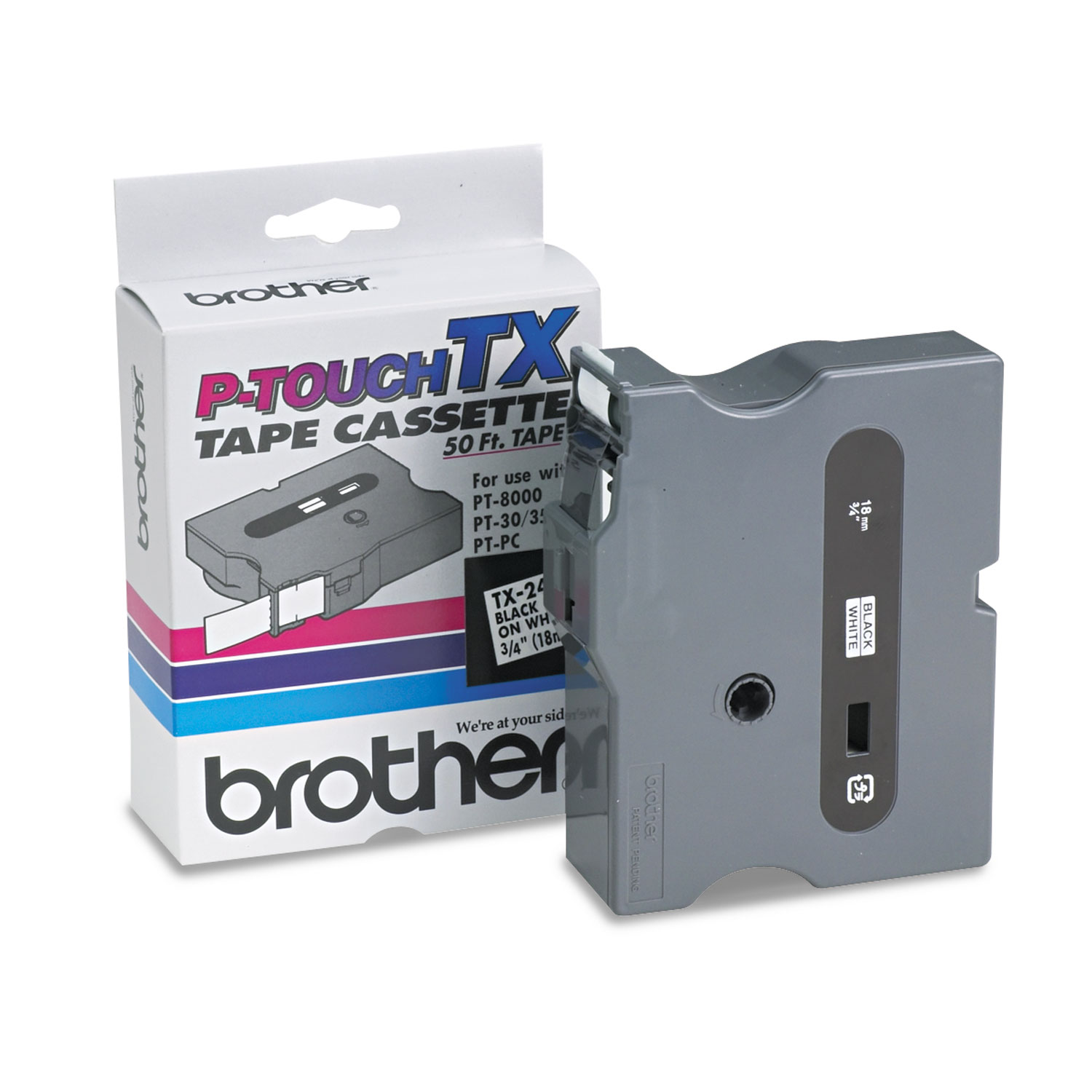  Brother P-Touch TX2411 TX Tape Cartridge for PT-8000, PT-PC, PT-30/35, 0.7 x 50 ft, Black on White (BRTTX2411) 
