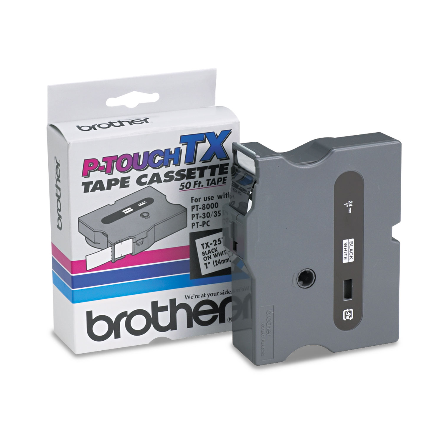  Brother P-Touch TX2511 TX Tape Cartridge for PT-8000, PT-PC, PT-30/35, 1 x 50 ft, Black on White (BRTTX2511) 