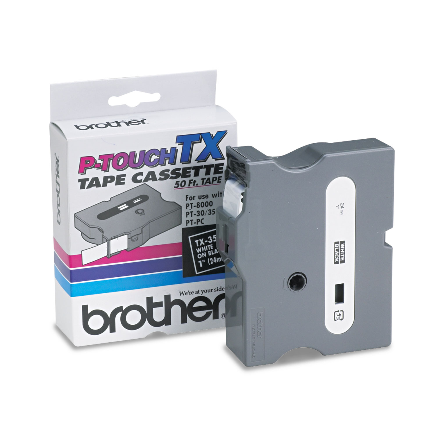  Brother P-Touch TX3551 TX Tape Cartridge for PT-8000, PT-PC, PT-30/35, 0.94 x 50 ft, White on Black (BRTTX3551) 