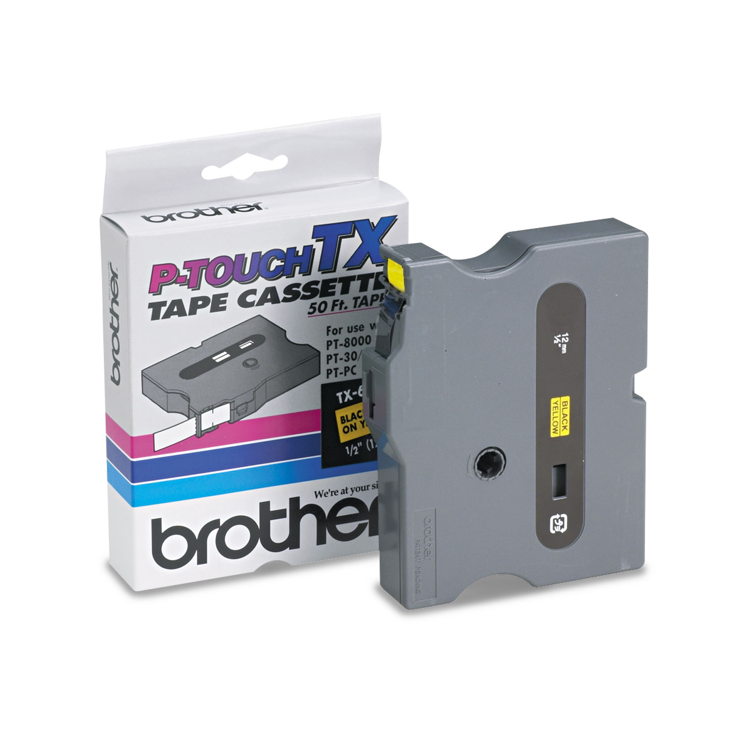  Brother P-Touch TX6311 TX Tape Cartridge for PT-8000, PT-PC, PT-30/35, 0.47 x 50 ft, Black on Yellow (BRTTX6311) 