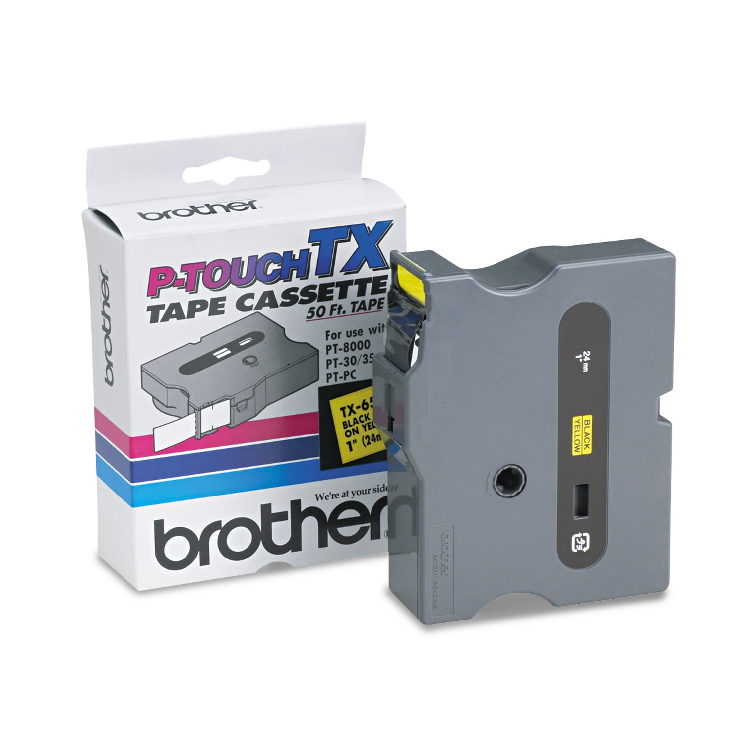  Brother P-Touch TX6511 TX Tape Cartridge for PT-8000, PT-PC, PT-30/35, 0.94 x 50 ft, Black on Yellow (BRTTX6511) 