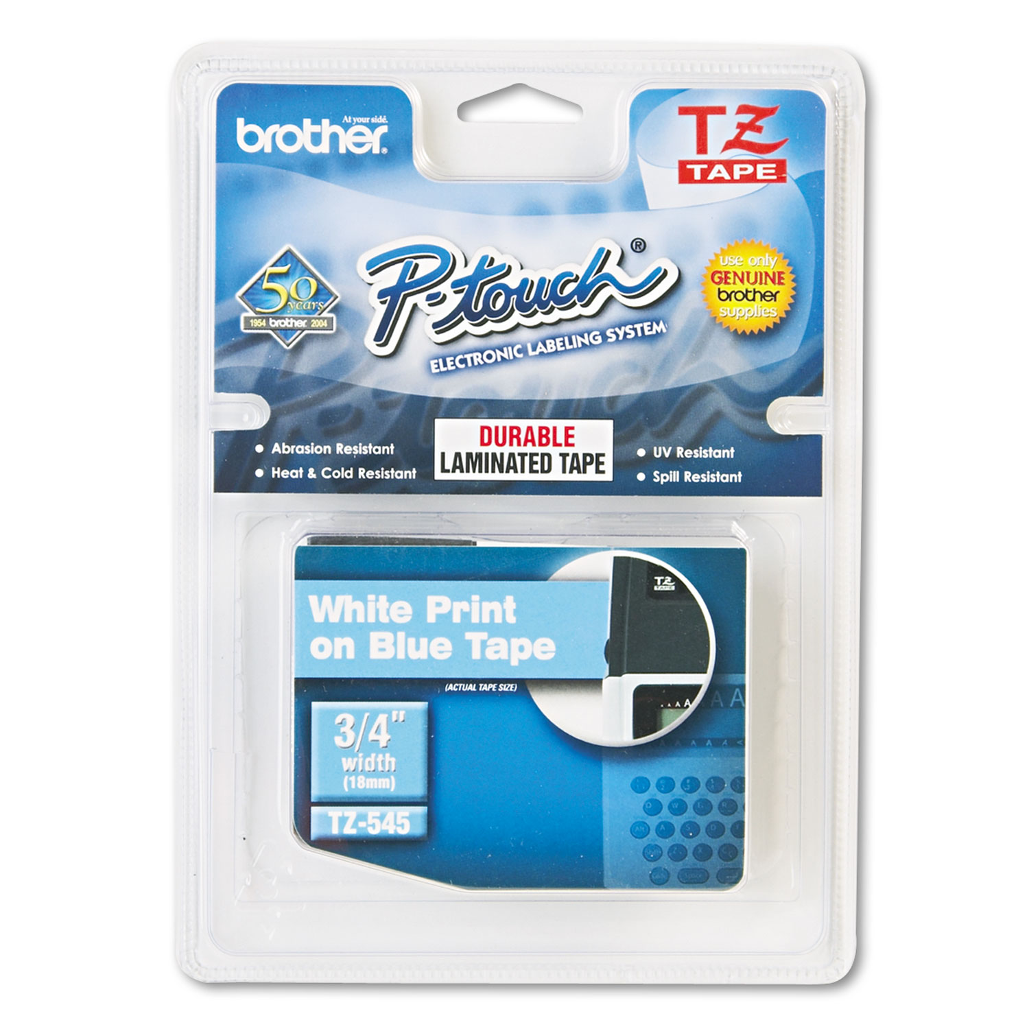  Brother P-Touch TZE545 TZe Standard Adhesive Laminated Labeling Tape, 0.7 x 26.2 ft, White on Blue (BRTTZE545) 