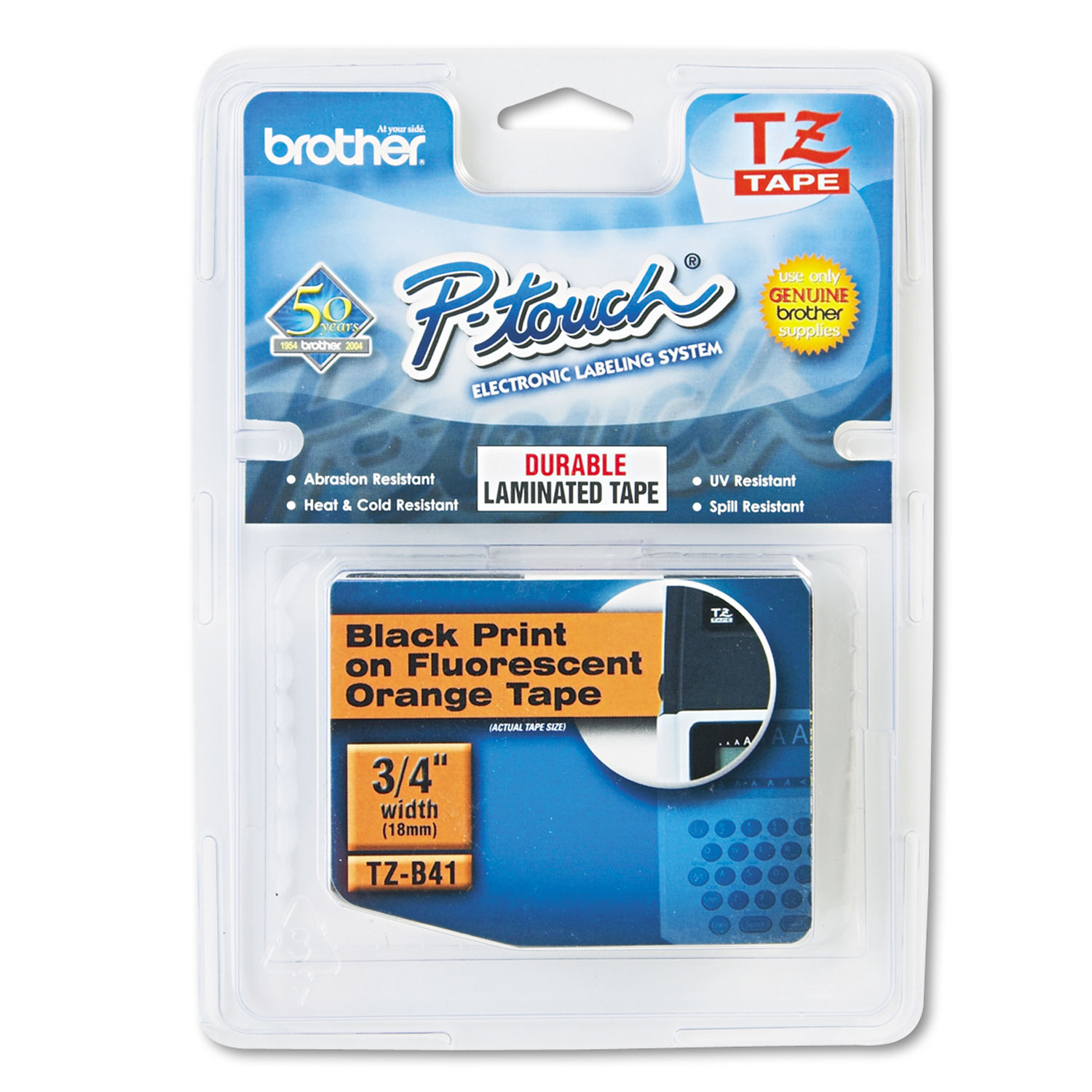  Brother P-Touch TZEB41 TZ Standard Adhesive Laminated Labeling Tape, 0.7 x 16.4 ft, Black on Fluorescent Orange (BRTTZEB41) 