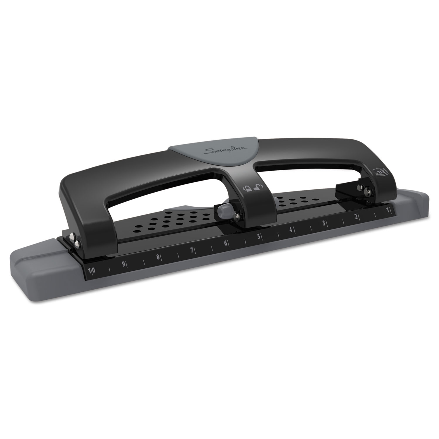 12-Sheet SmartTouch Three-Hole Punch, 9/32 Holes, Black/Gray