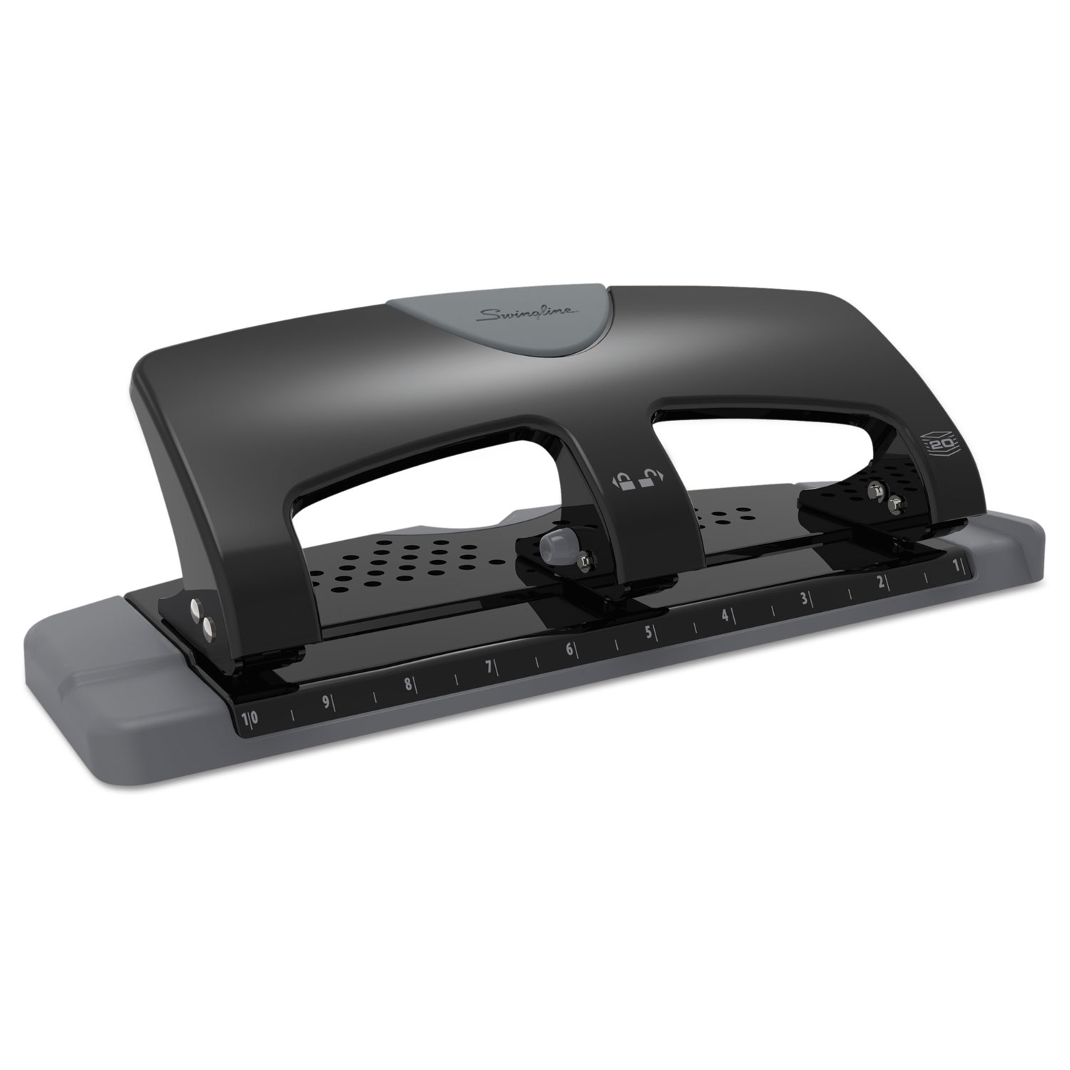 20-Sheet SmartTouch Three-Hole Punch, 9/32 Holes, Black/Gray