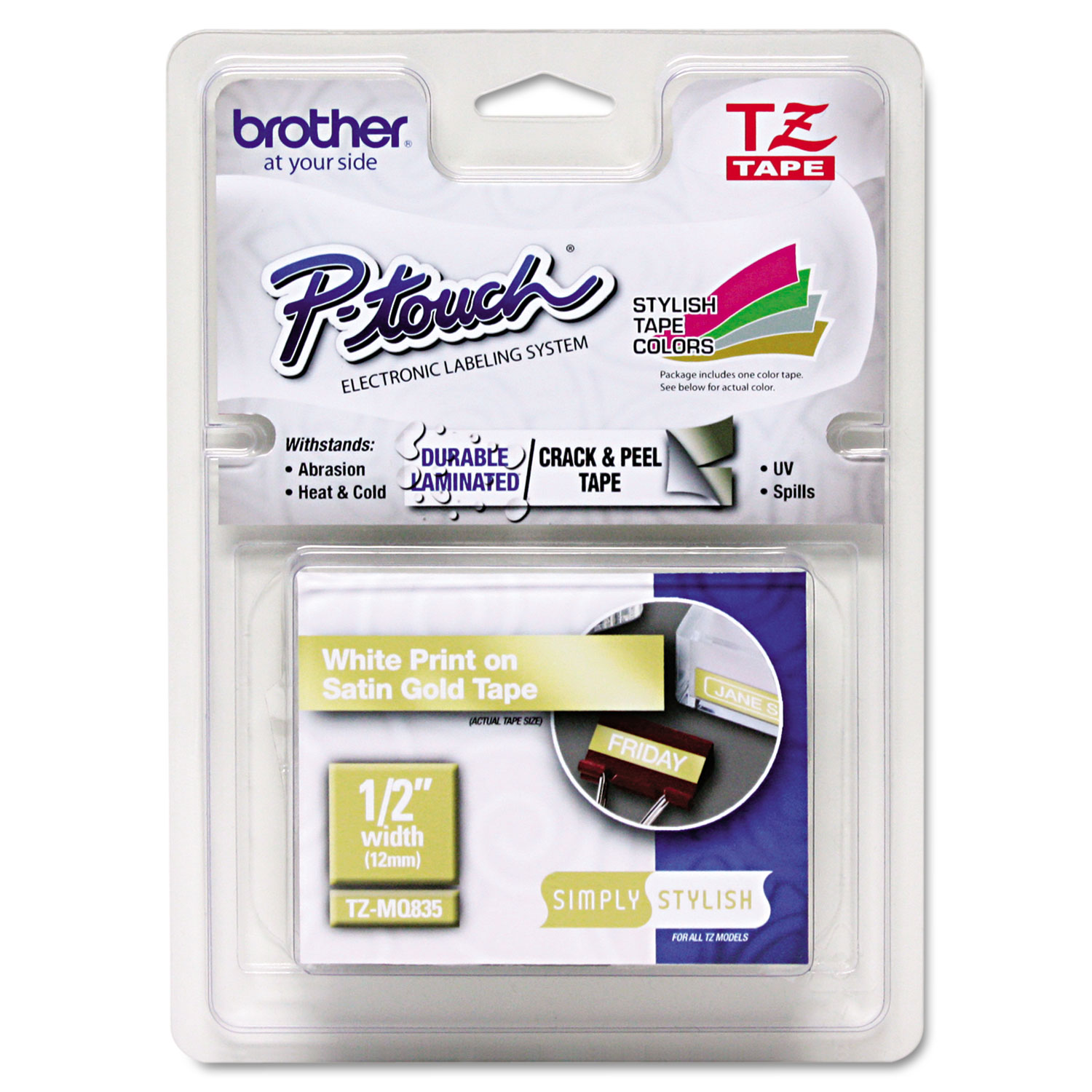  Brother P-Touch TZEMQ835 TZ Standard Adhesive Laminated Labeling Tape, 0.47 x 16.4 ft, White/Satin Gold (BRTTZEMQ835) 