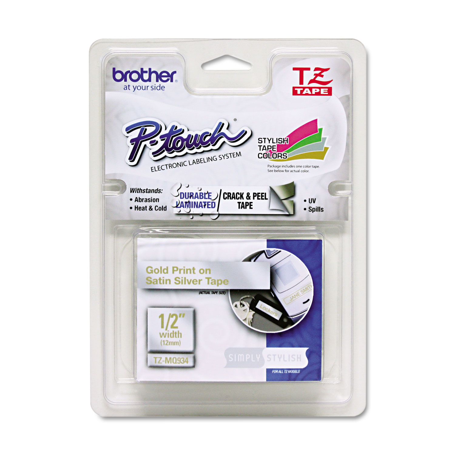  Brother P-Touch TZEMQ934 TZ Standard Adhesive Laminated Labeling Tape, 0.47 x 16.4 ft, Gold/Silver (BRTTZEMQ934) 