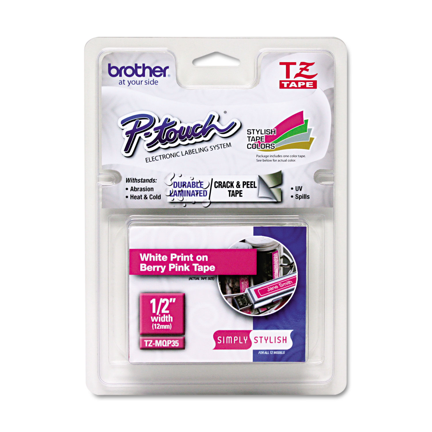  Brother P-Touch TZEMQP35 TZ Standard Adhesive Laminated Labeling Tape, 0.47 x 16.4 ft, White/Berry Pink (BRTTZEMQP35) 