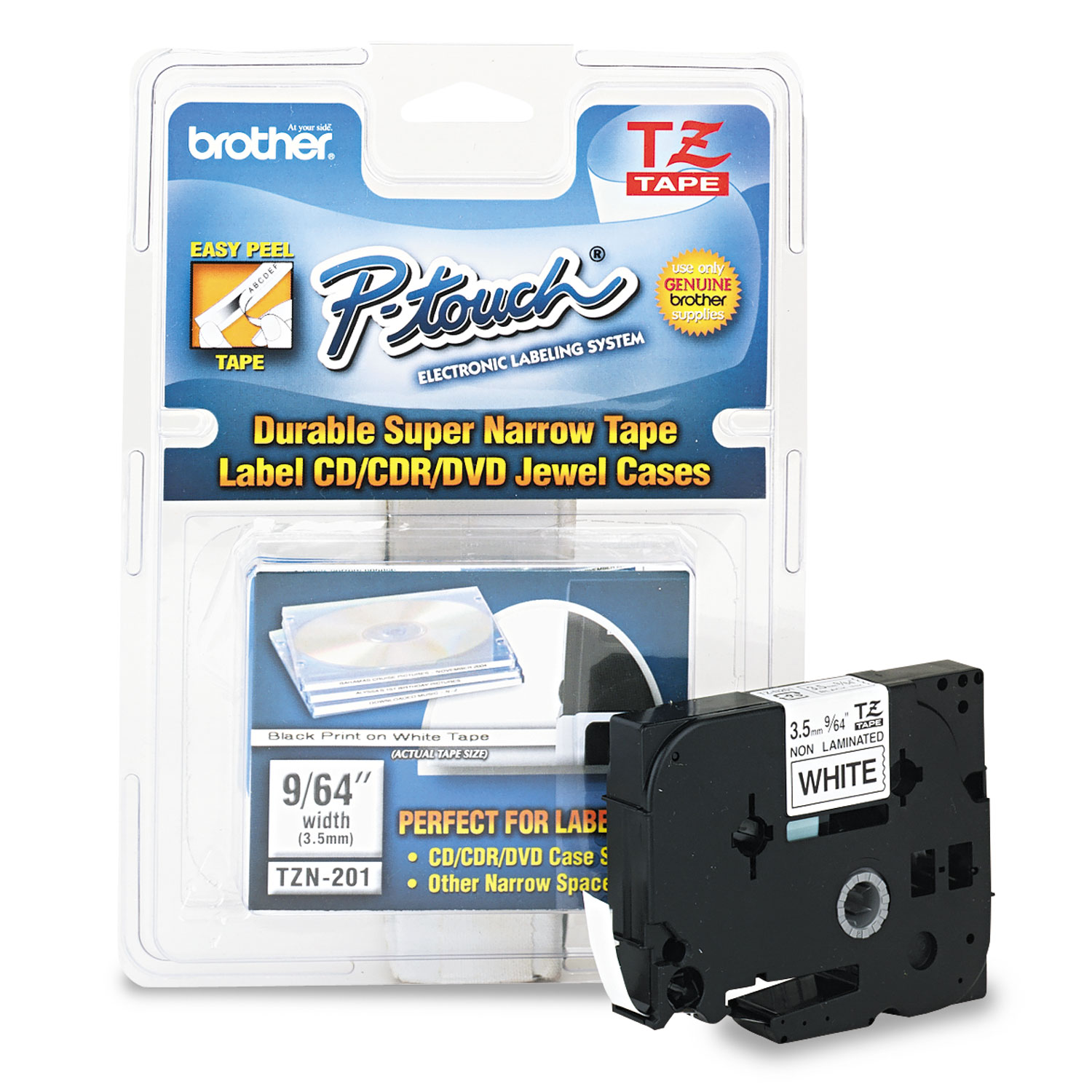  Brother P-Touch TZEN201 TZ Super-Narrow Non-Laminated Tape for P-Touch Labeler, 0.13 x 26.2 ft, Black on White (BRTTZEN201) 