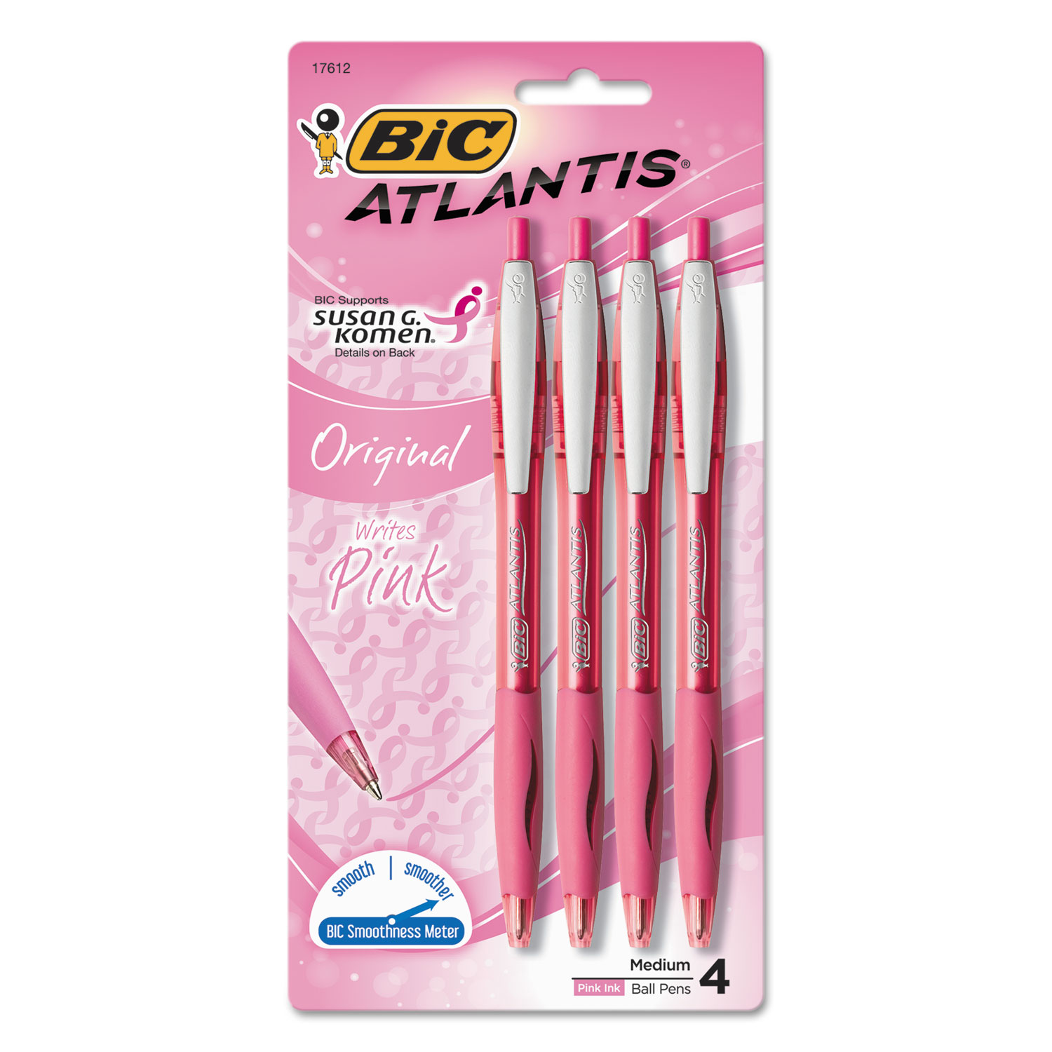 Atlantis Original Retractable Ballpoint Pen, Pink Ink, Medium, 1mm, 4/Pack