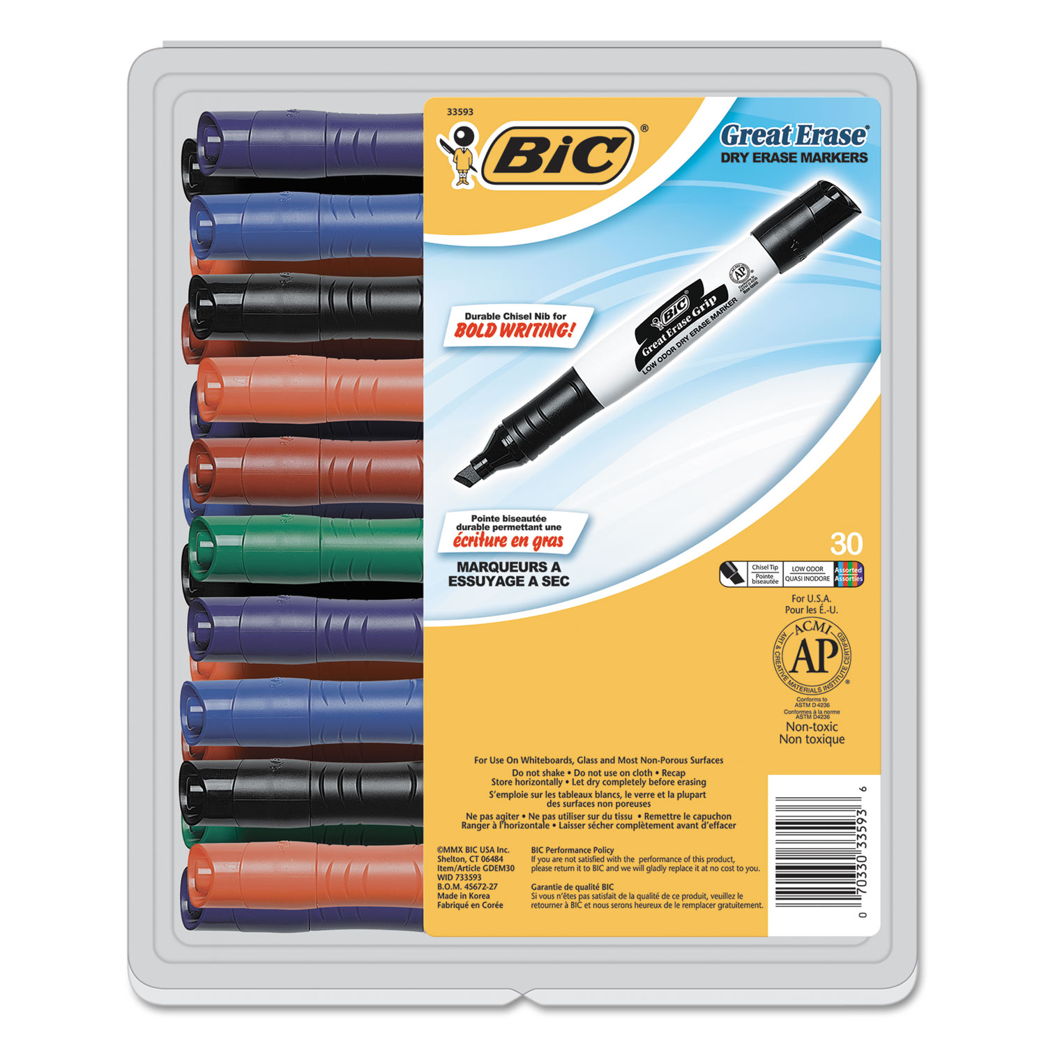 Great Erase Grip Chisel Tip Dry Erase Marker, Assorted, 30/Pack