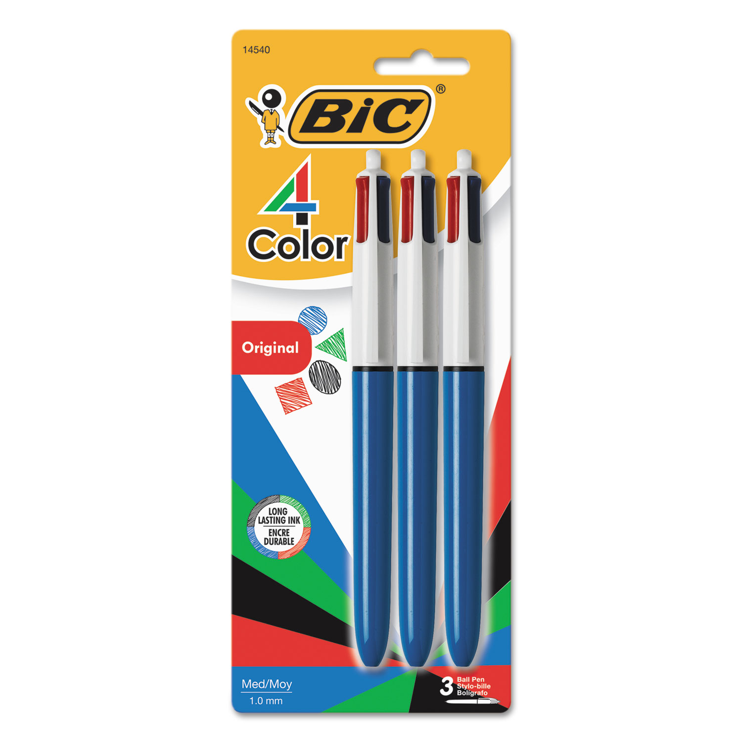  BIC MMP31 4-Color Retractable Ballpoint Pen, 1mm, Black/Blue/Green/Red Ink, Blue Barrel, 3/Pack (BICMMP31) 