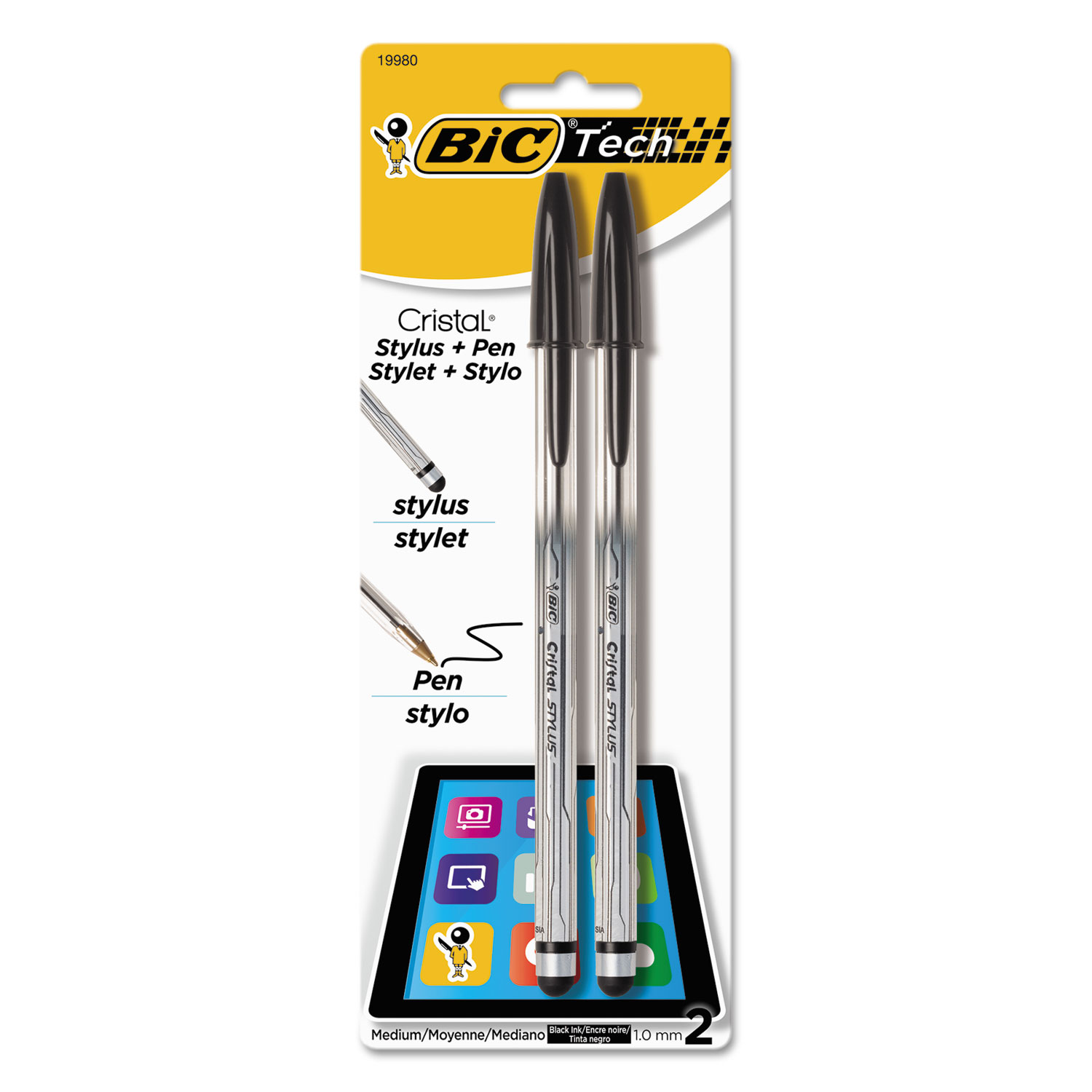  BIC MSSP21-BK Cristal 2-in-1 Stick Ballpoint Pen/Stylus, 1mm, Black Ink, Silver Barrel, 2/Pack (BICMSSP21BK) 